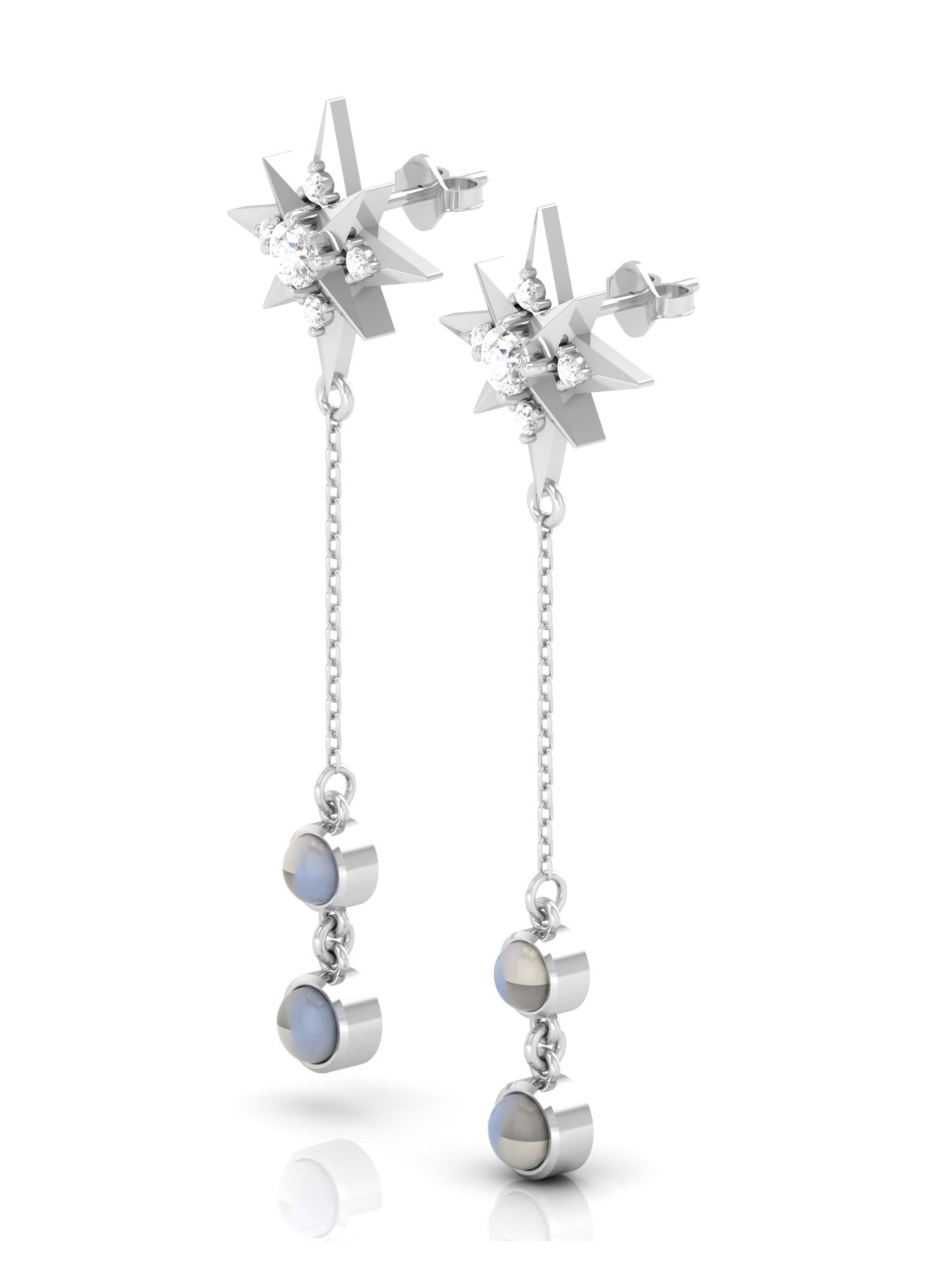Celestial North Star & Moonstone Drop Earrings in 925 Sterling