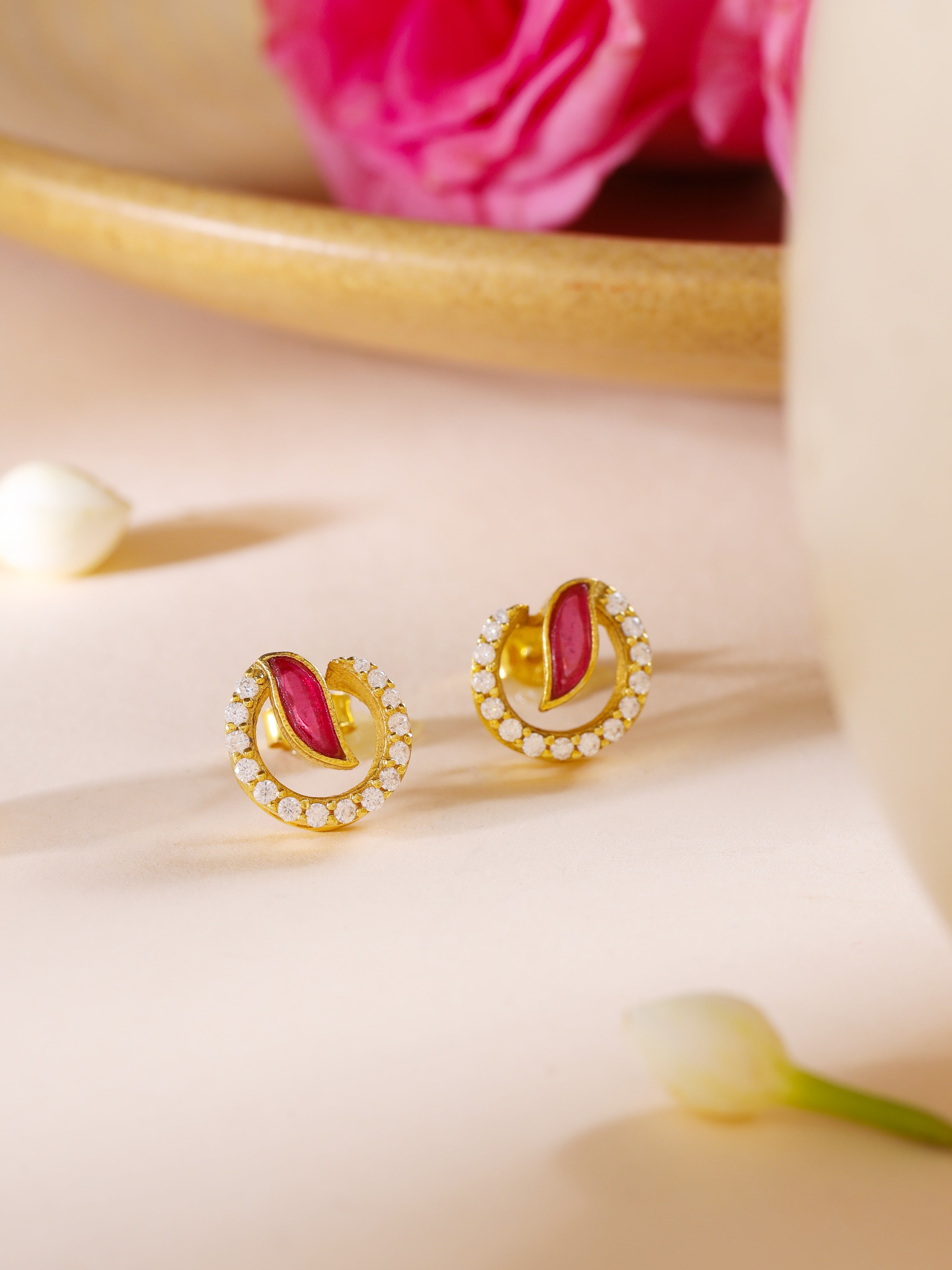 Celestial Wave Moissanite & Red Talph Halo Stud Earrings | 925 Sterling Silver