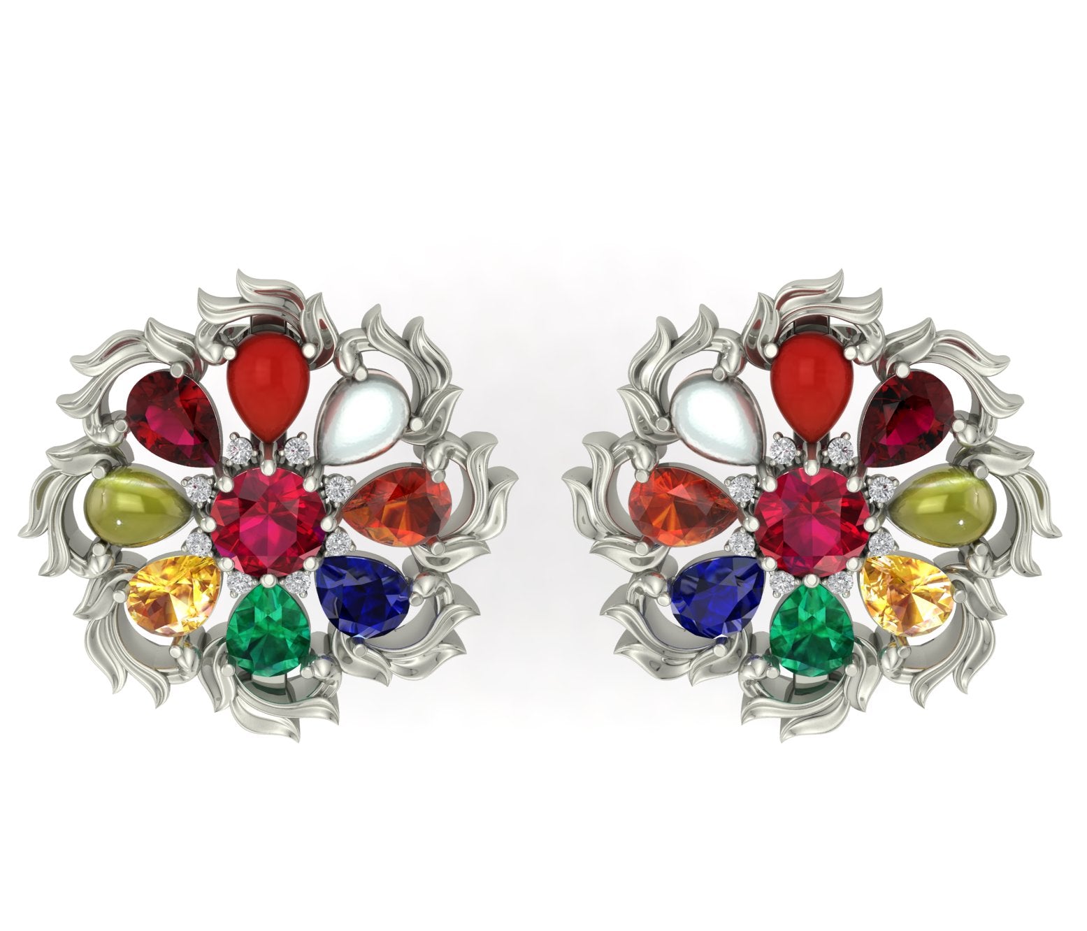 Moissanite Navratna Filigree - Aadhira 925 Sterling Silver Earrings For Women