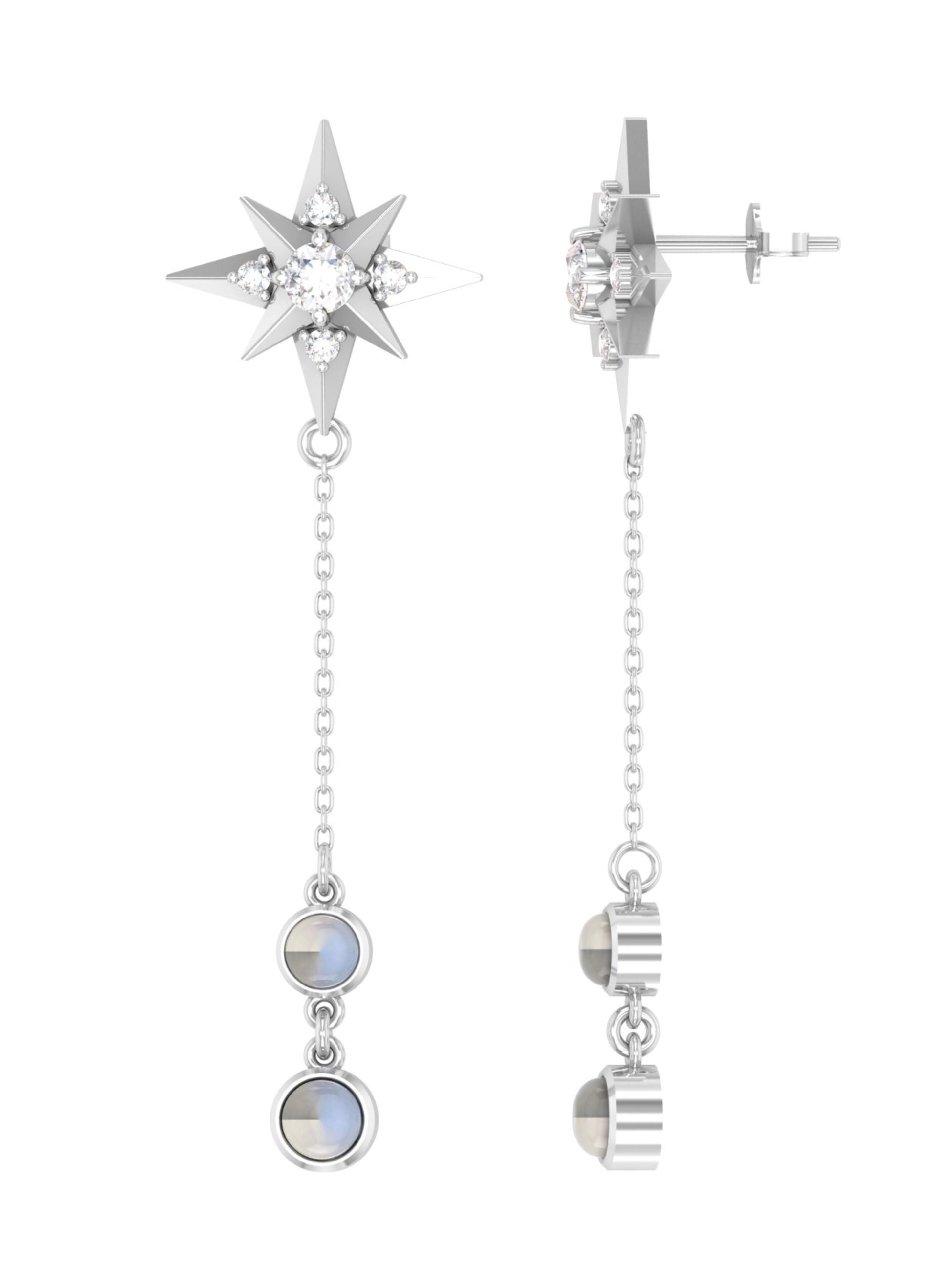 Celestial North Star & Moonstone Drop Earrings in 925 Sterling