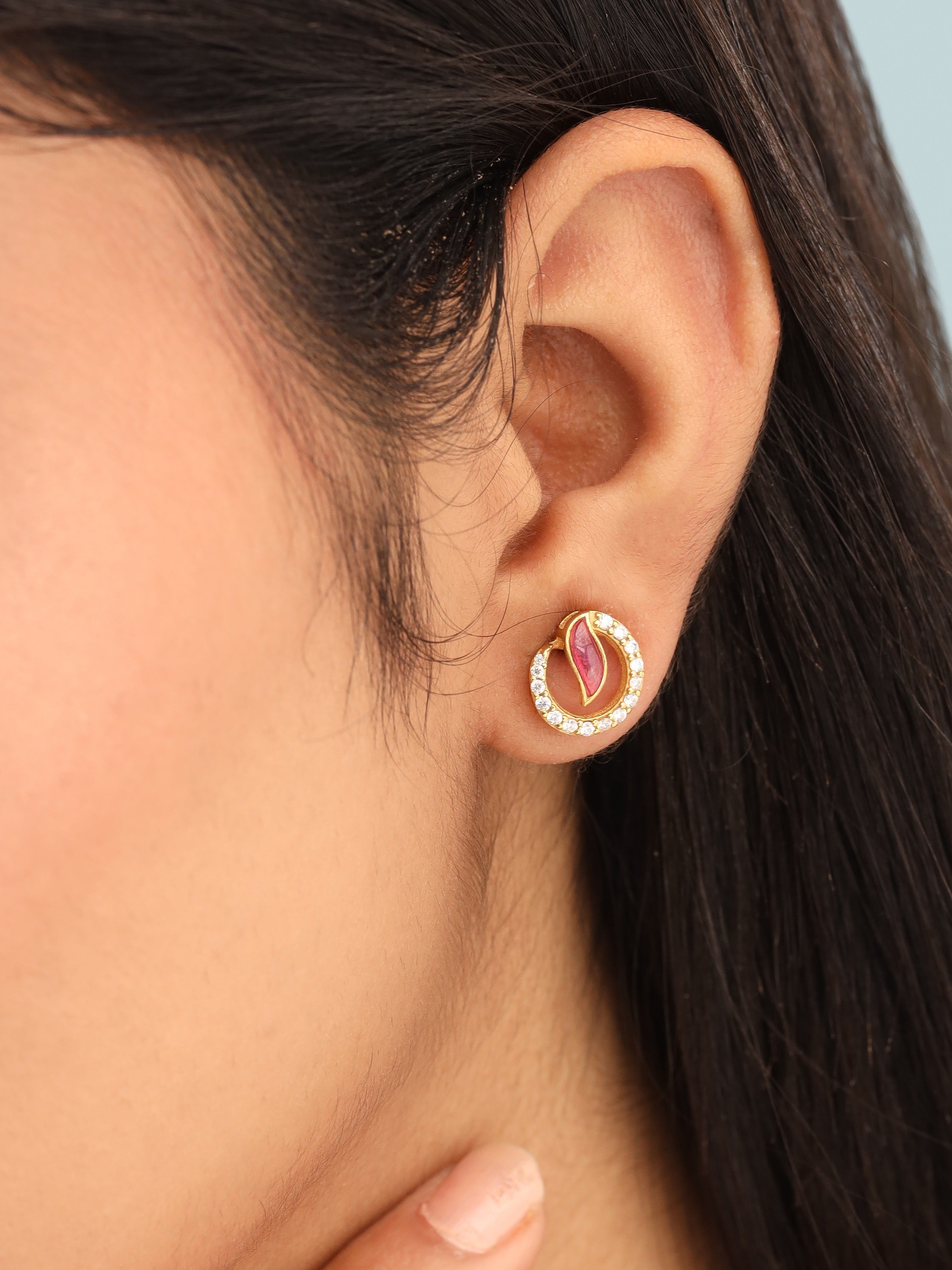 Celestial Wave Moissanite & Red Talph Halo Stud Earrings | 925 Sterling Silver