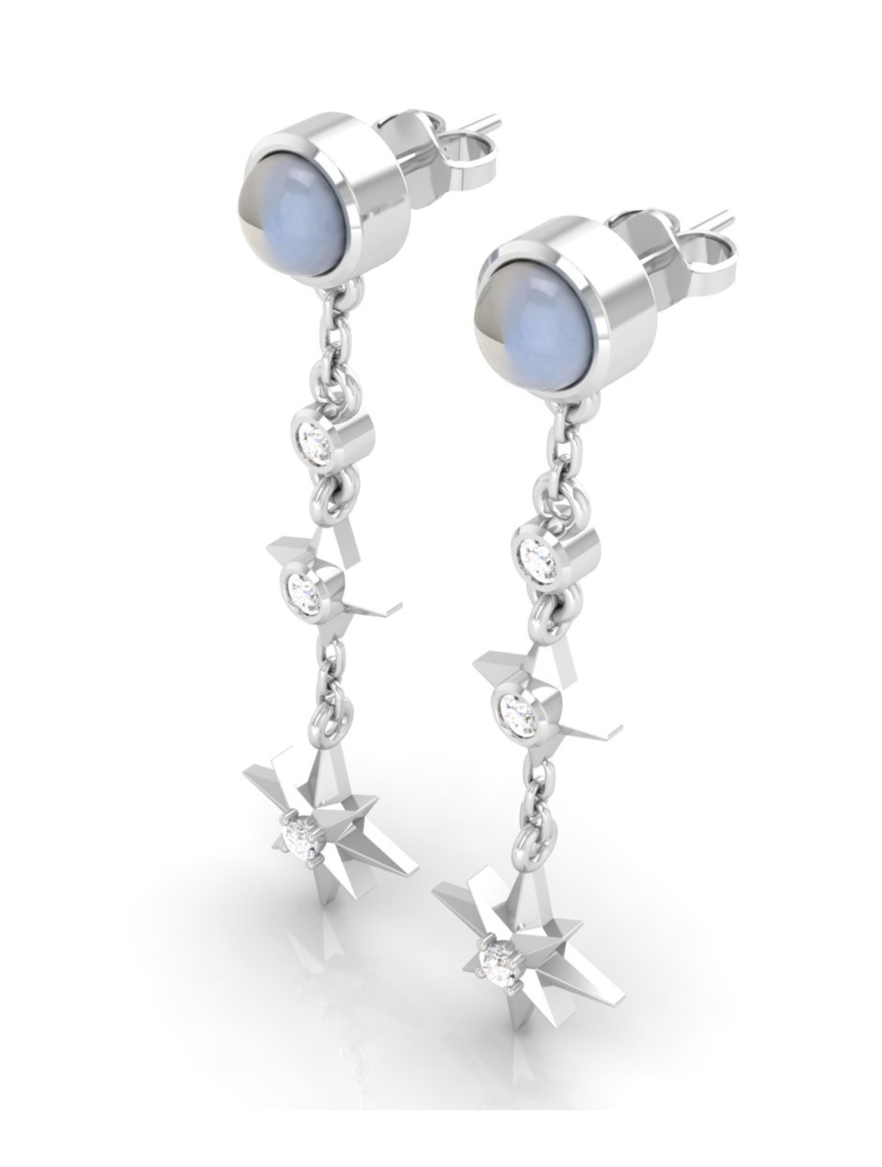 Celestial North Star Moonstone & Moissanite Drop Earrings in 925 Sterling Silver
