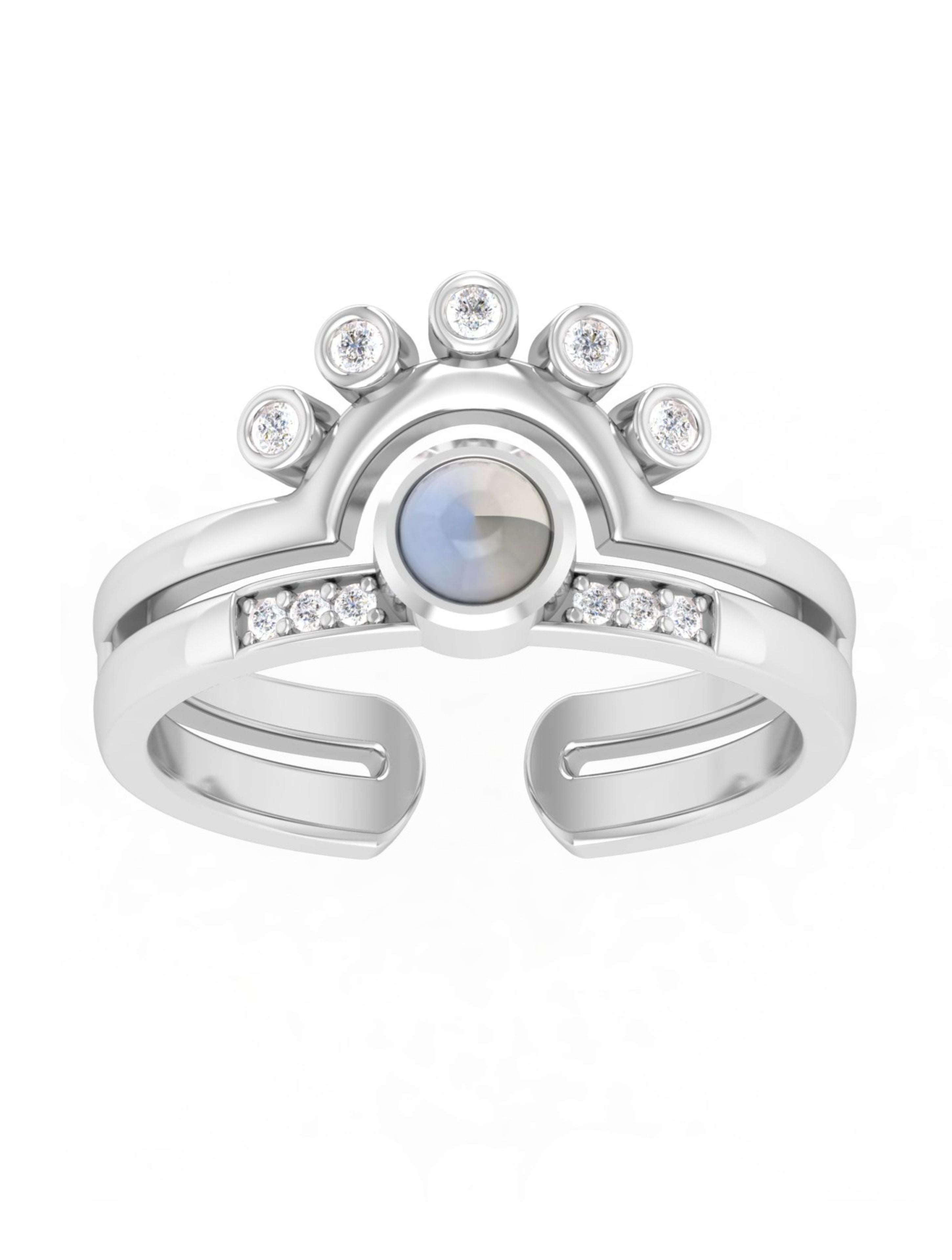 Rainbow Moonstone & Moissanite Adjustable Ring in 925 Sterling Silver