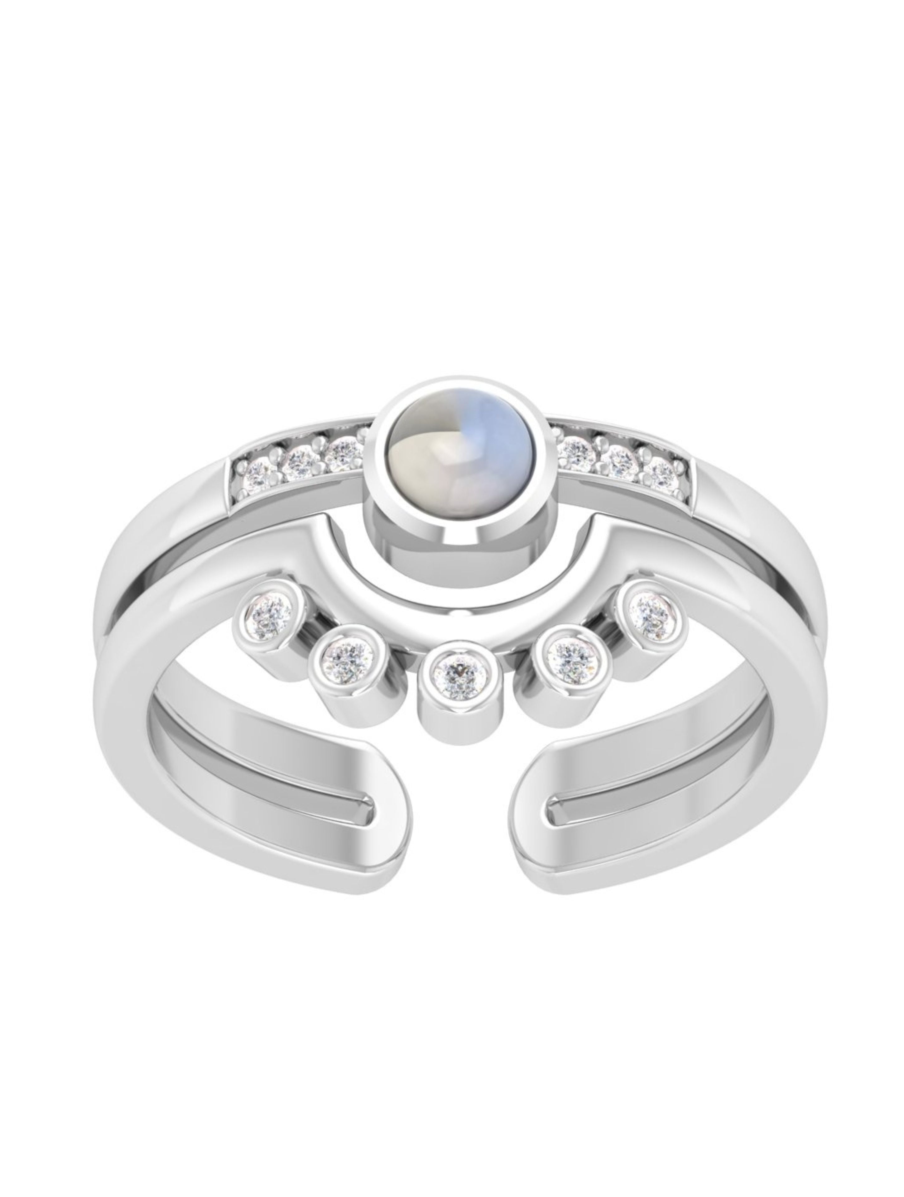 Rainbow Moonstone & Moissanite Adjustable Ring in 925 Sterling Silver