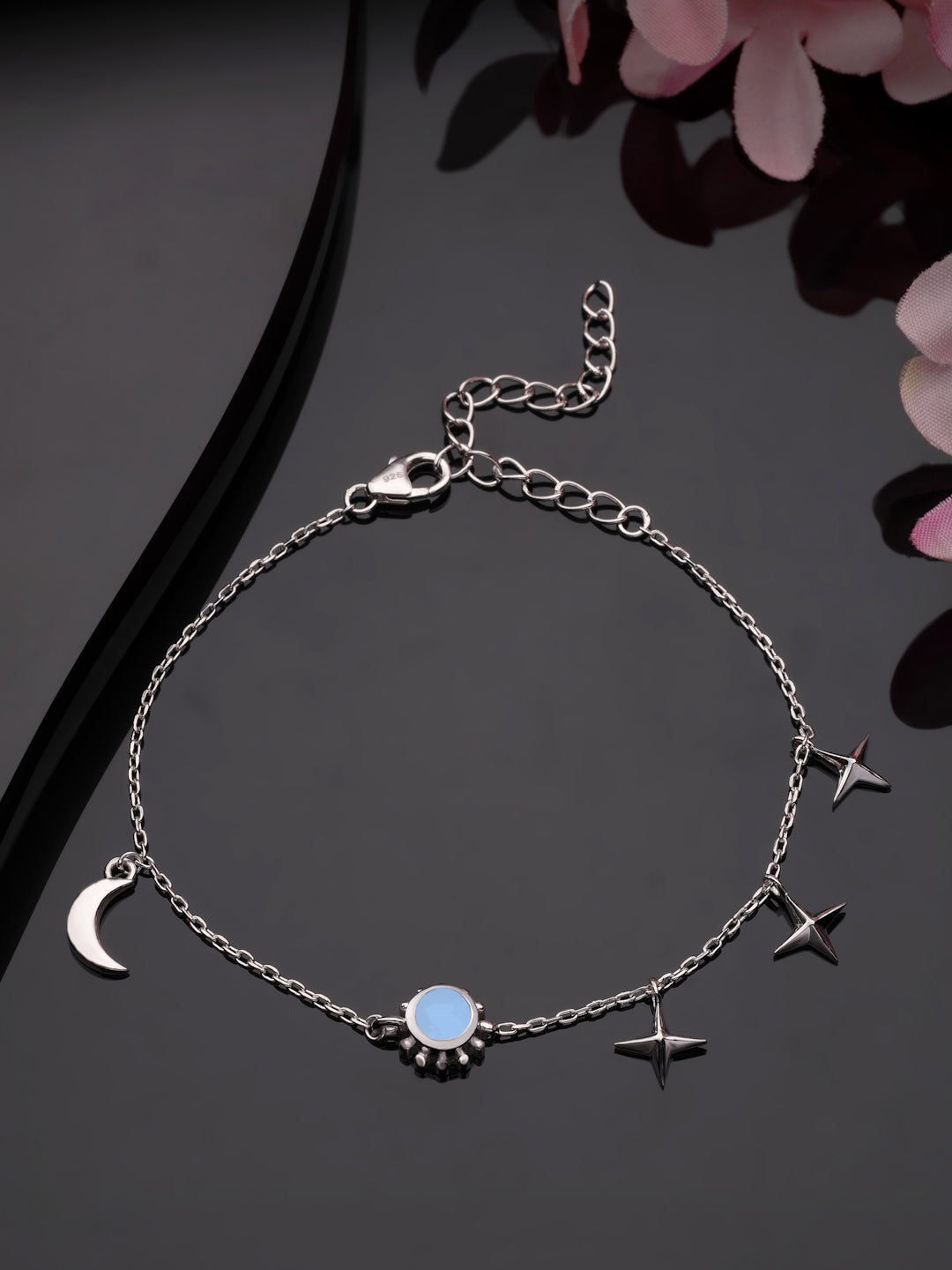 Celestial Harmony: Rainbow Moonstone & Silver Charm Bracelet In 925 Sterling Silver