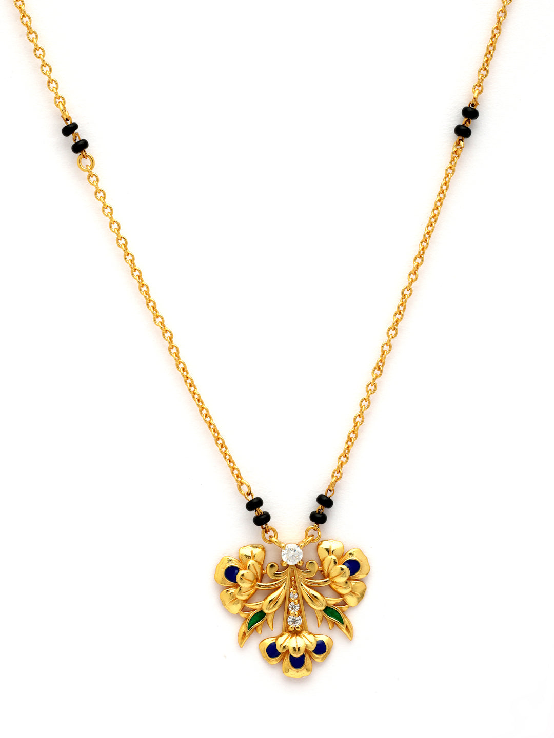 Gold-Plated Blue Enamel Floral Moissanite Mangalsutra in 925 Sterling Silver