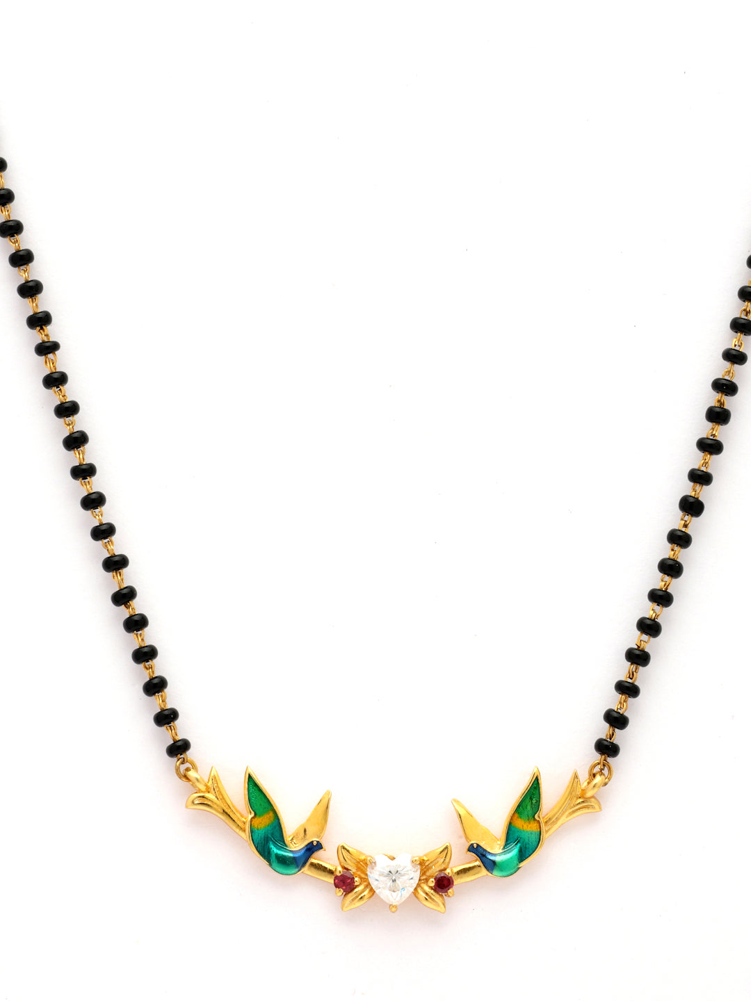 Gold-Plated Love Birds & Heart Moissanite Mangalsutra in 925 Sterling Silver