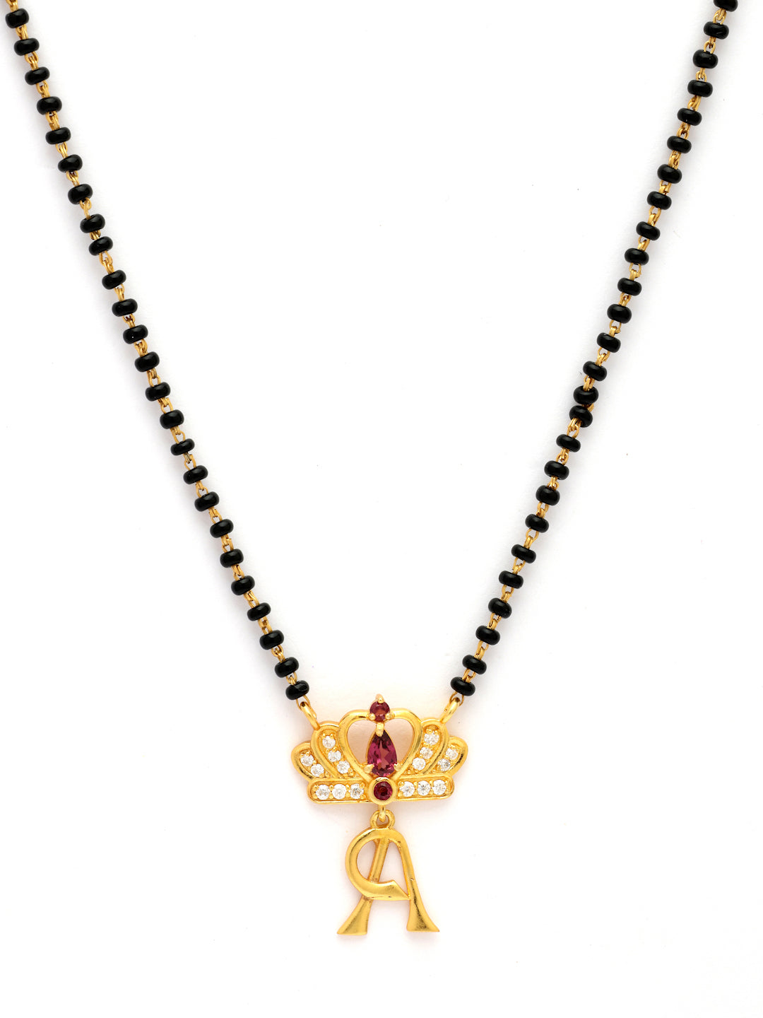 Gold-Plated Rhodolite Garnet Crown & Initial A Mangalsutra in 925 Sterling Silver