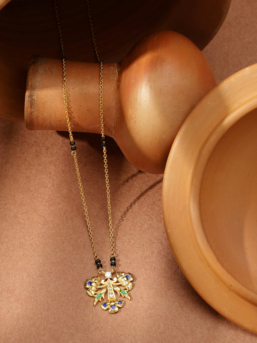 Gold-Plated Blue Enamel Floral Moissanite Mangalsutra in 925 Sterling Silver