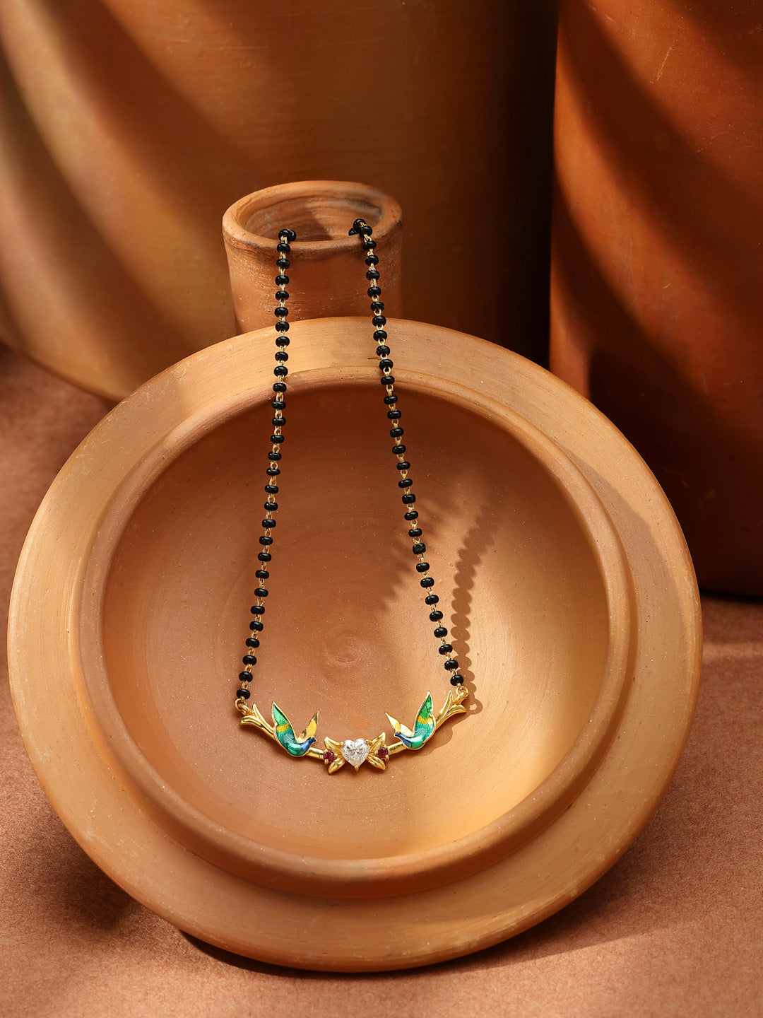 Gold-Plated Love Birds & Heart Moissanite Mangalsutra in 925 Sterling Silver