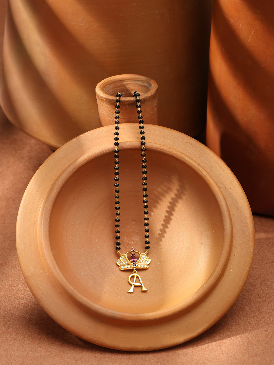 Gold-Plated Rhodolite Garnet Crown & Initial A Mangalsutra in 925 Sterling Silver
