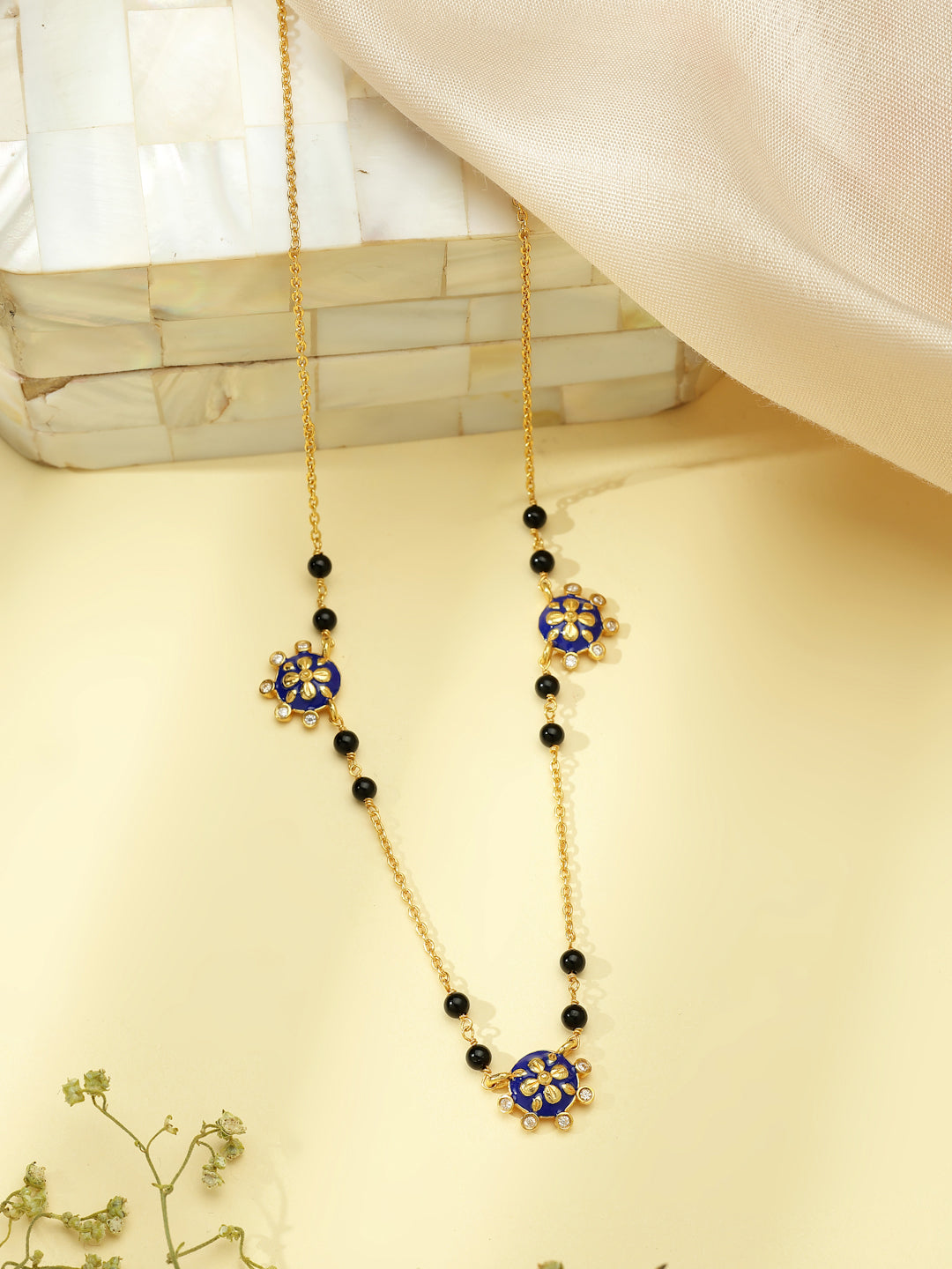 Gold-Plated Royal Blue Floral Moissanite Mangalsutra in 925 Sterling Silver
