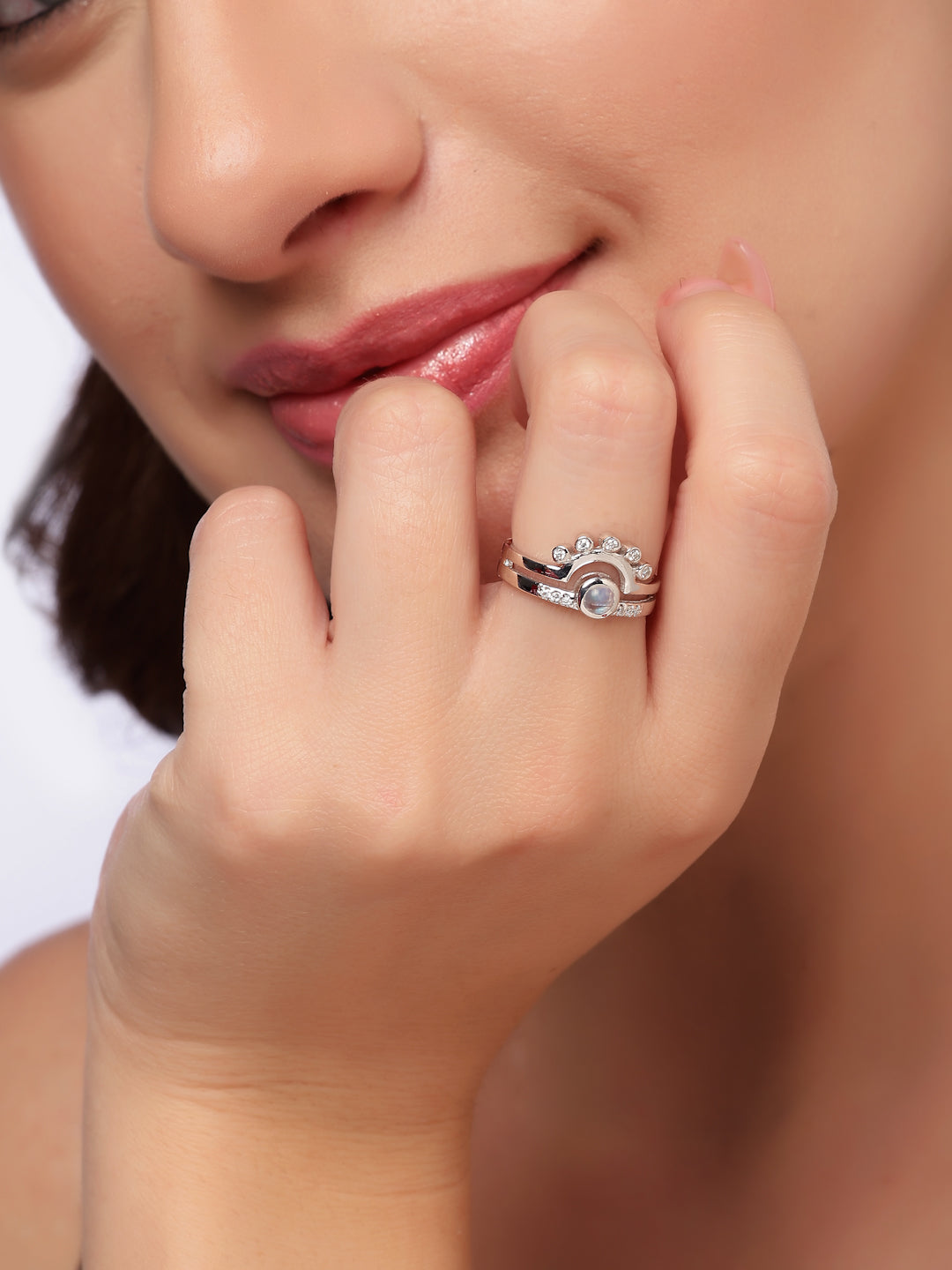 Rainbow Moonstone & Moissanite Adjustable Ring in 925 Sterling Silver