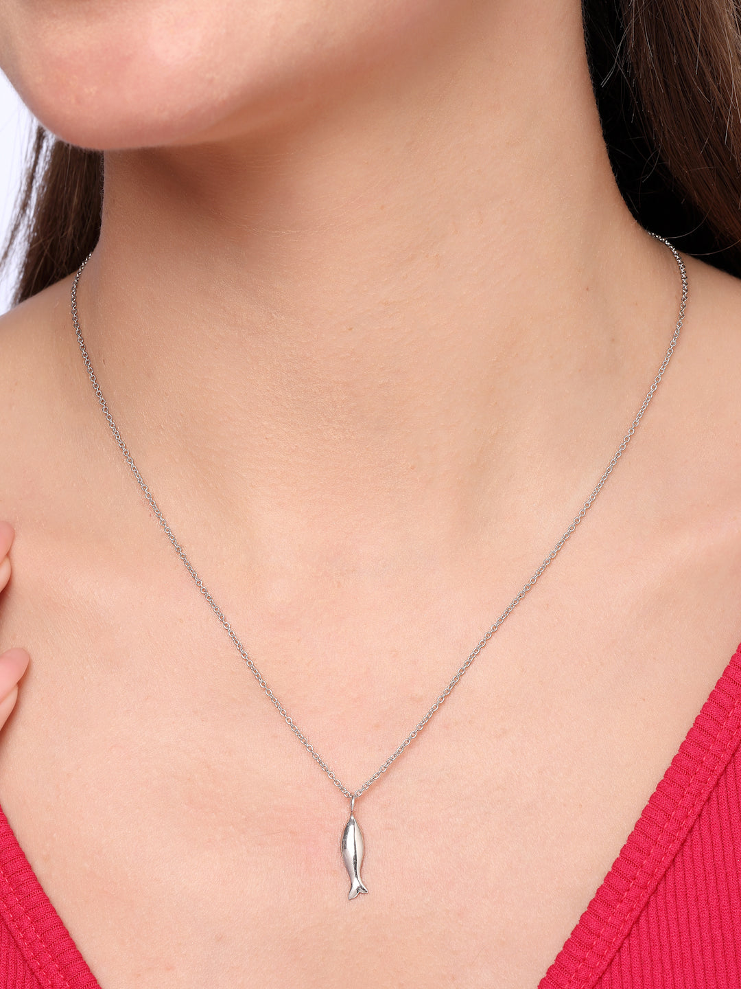 925 Sterling Silver Minimalist Fish Motif Pendant Necklace with Rhodium Plating