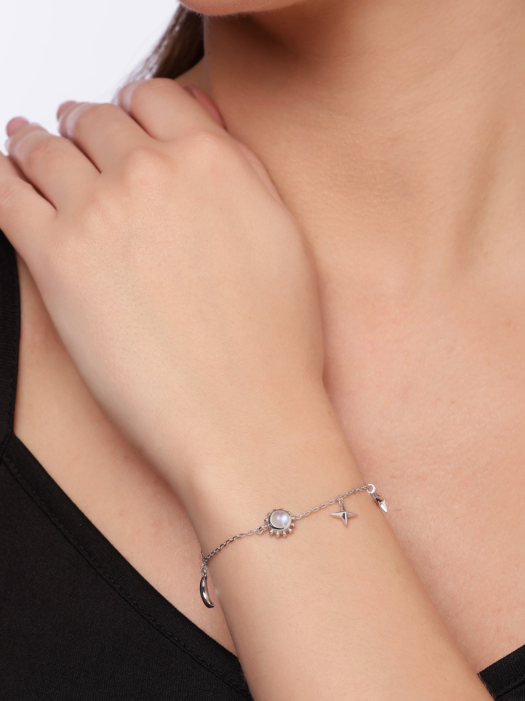 Celestial Harmony: Rainbow Moonstone & Silver Charm Bracelet In 925 Sterling Silver