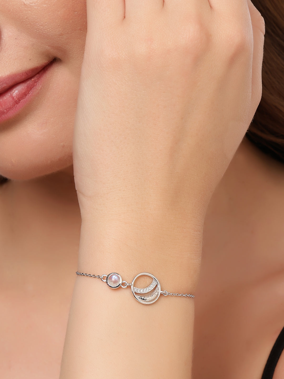 Rainbow Moonstone & Moissanite Orbital Bracelet in 925 Sterling Silver