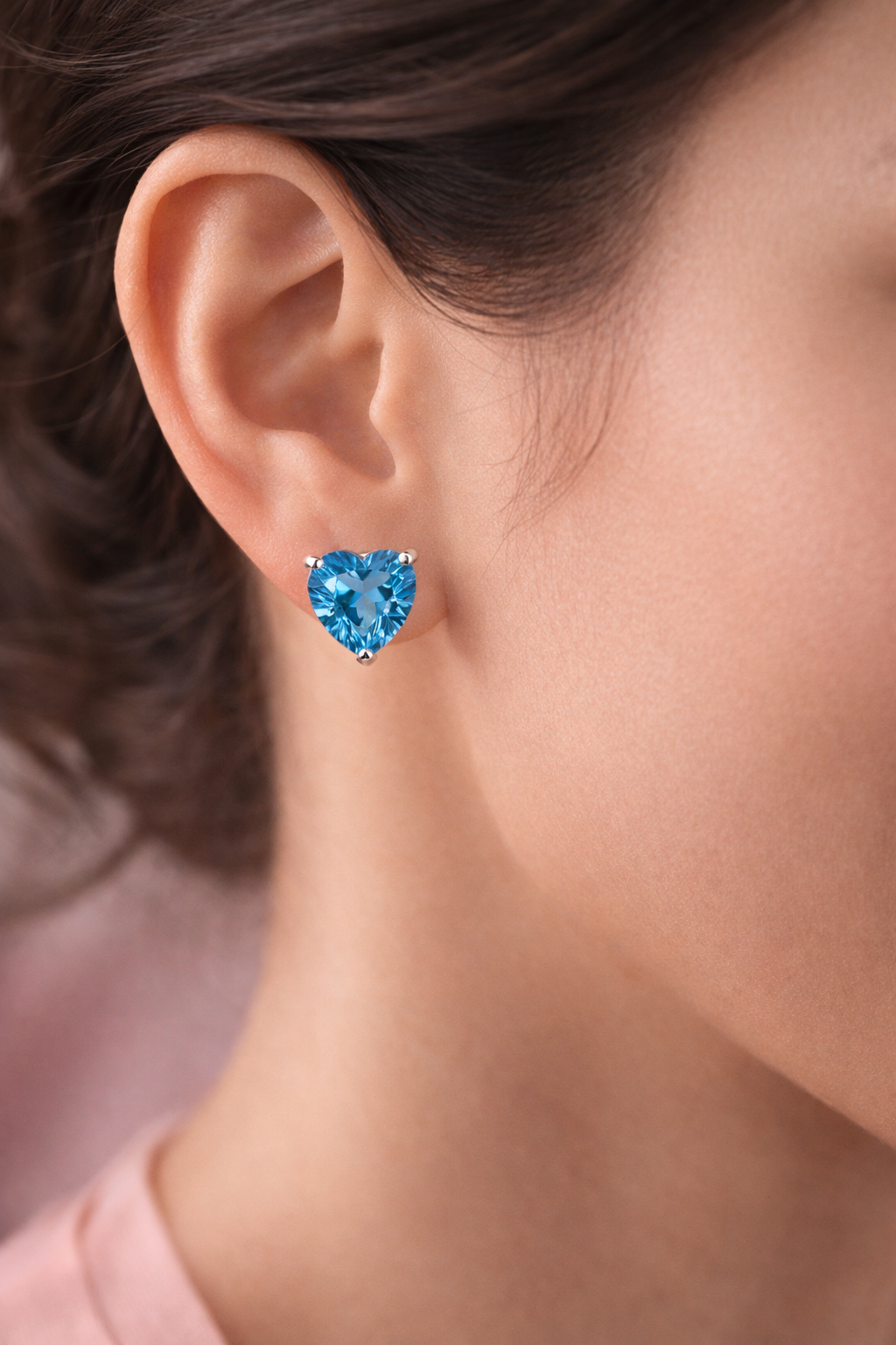 Heart-Cut Swiss Blue Topaz Stud Earrings