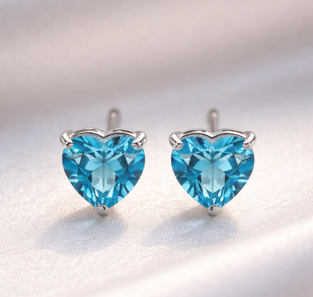 Heart-Cut Swiss Blue Topaz Stud Earrings
