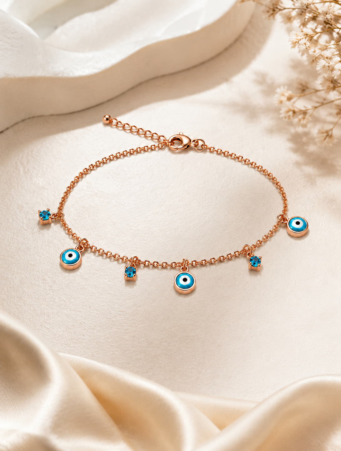 Rose Gold 925 Sterling Silver Evil Eye Charm Bracelet