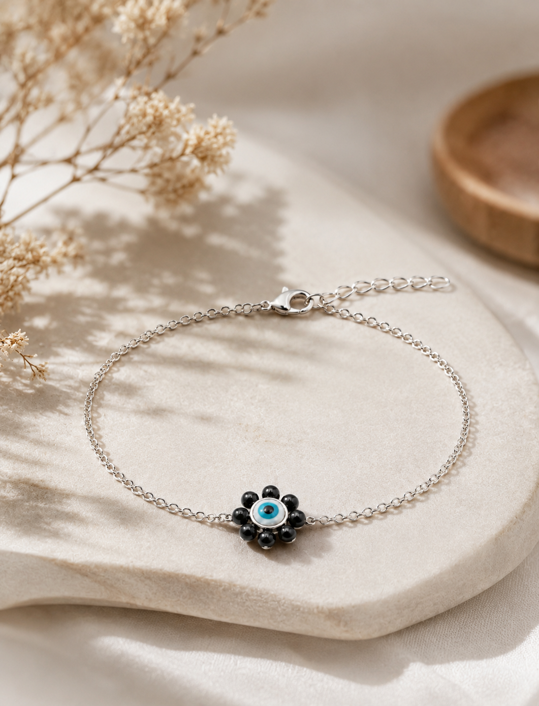 925 Sterling Silver Evil Eye & Black Onyx Flower Anklet