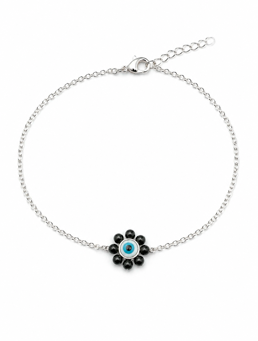 925 Sterling Silver Evil Eye & Black Onyx Flower Anklet
