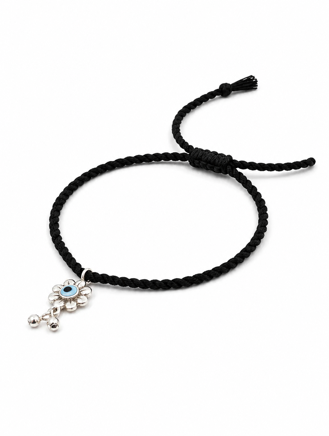 Adjustable Black Thread Anklet with Silver MOP Evil Eye Flower Charm