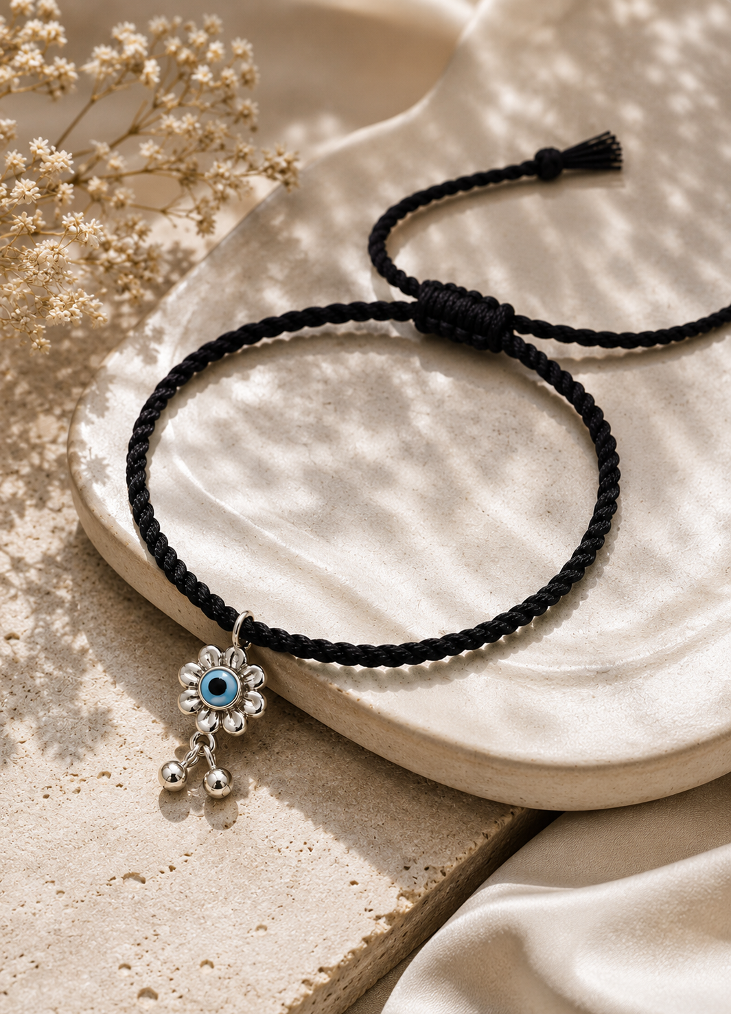 Adjustable Black Thread Anklet with Silver MOP Evil Eye Flower Charm
