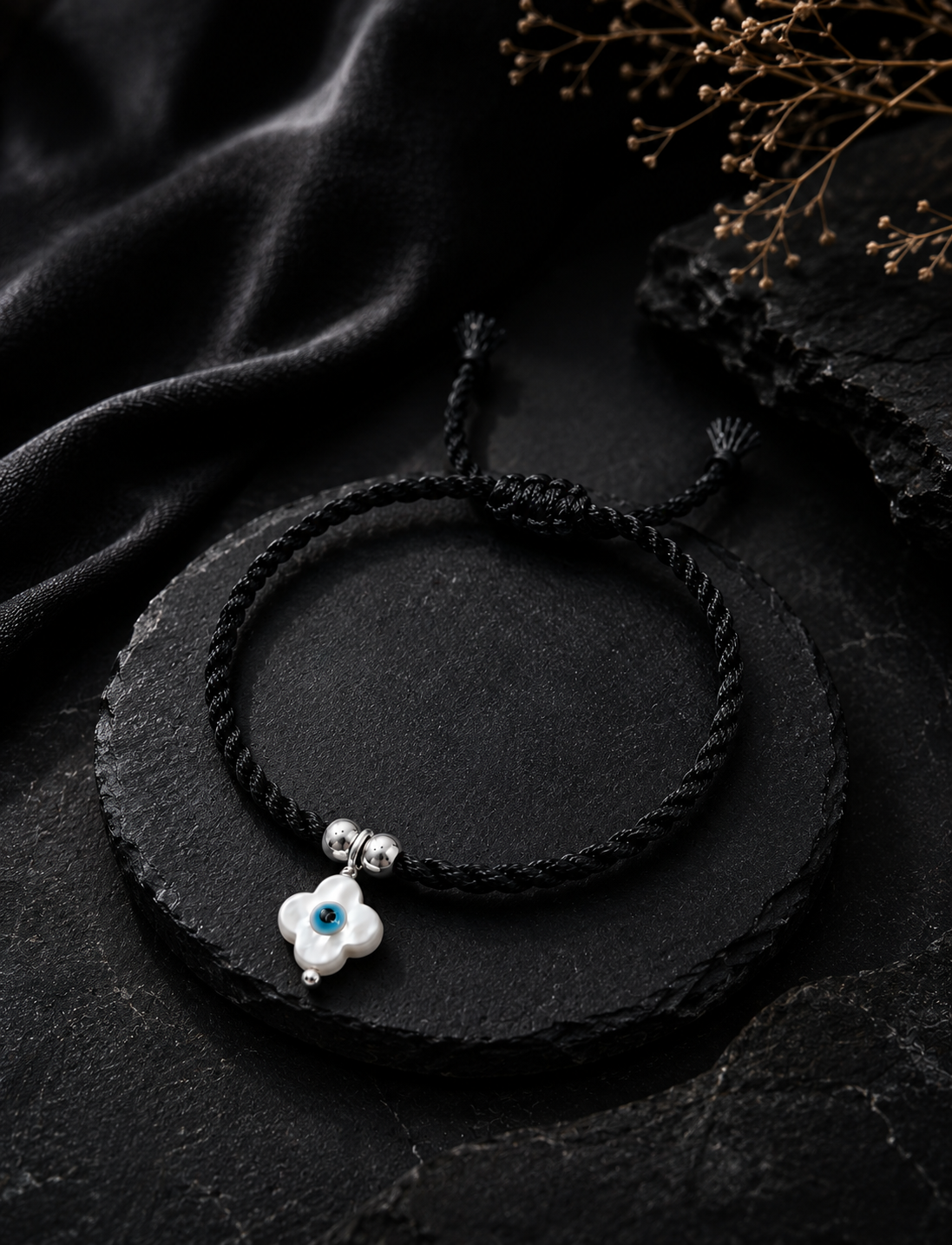 Evil Eye MOP Anklet in 925 Sterling Silver – Adjustable Black Macrame Cord