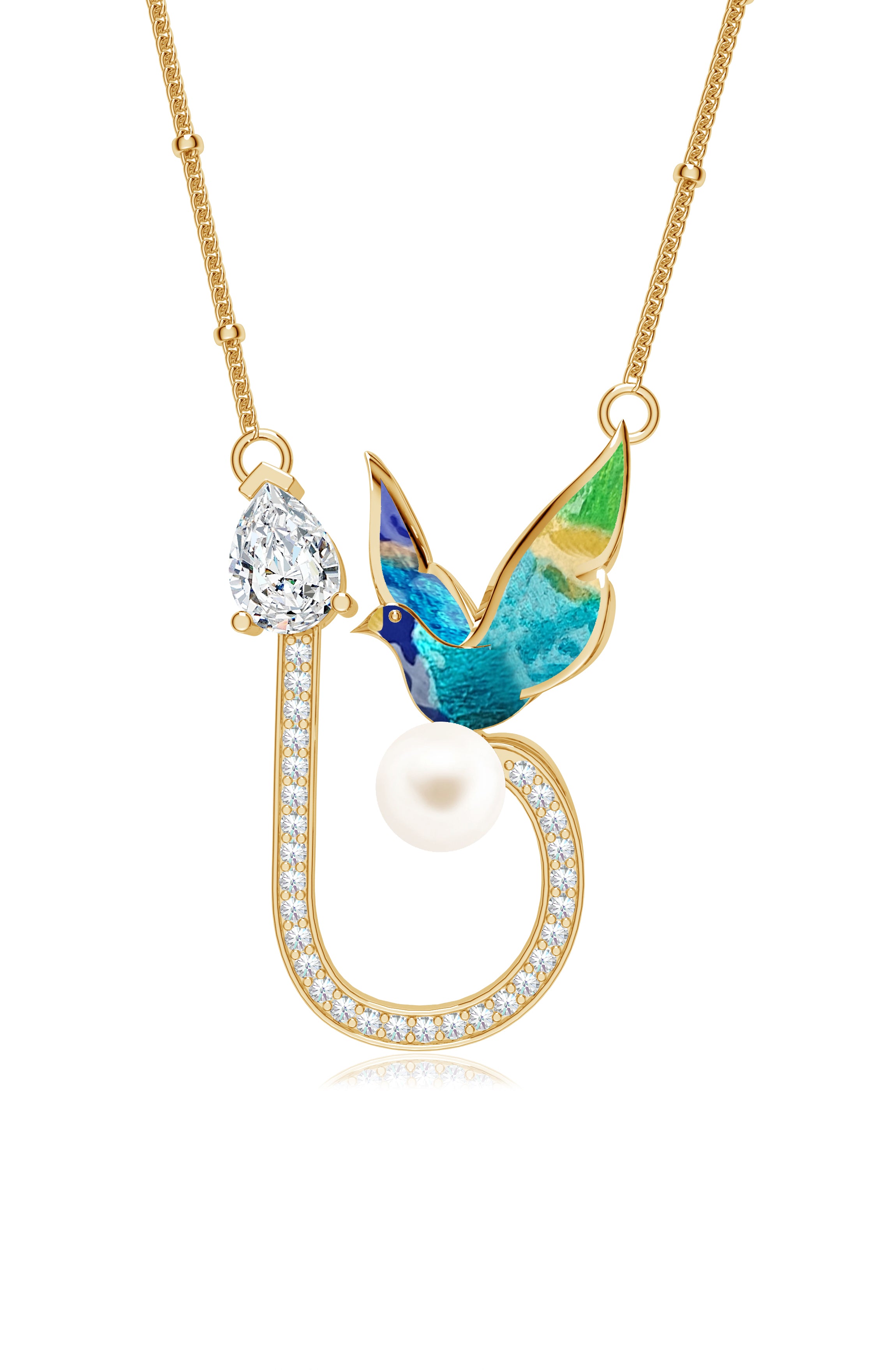 Enamel Bird on Pearl Sterling Silver Pendant