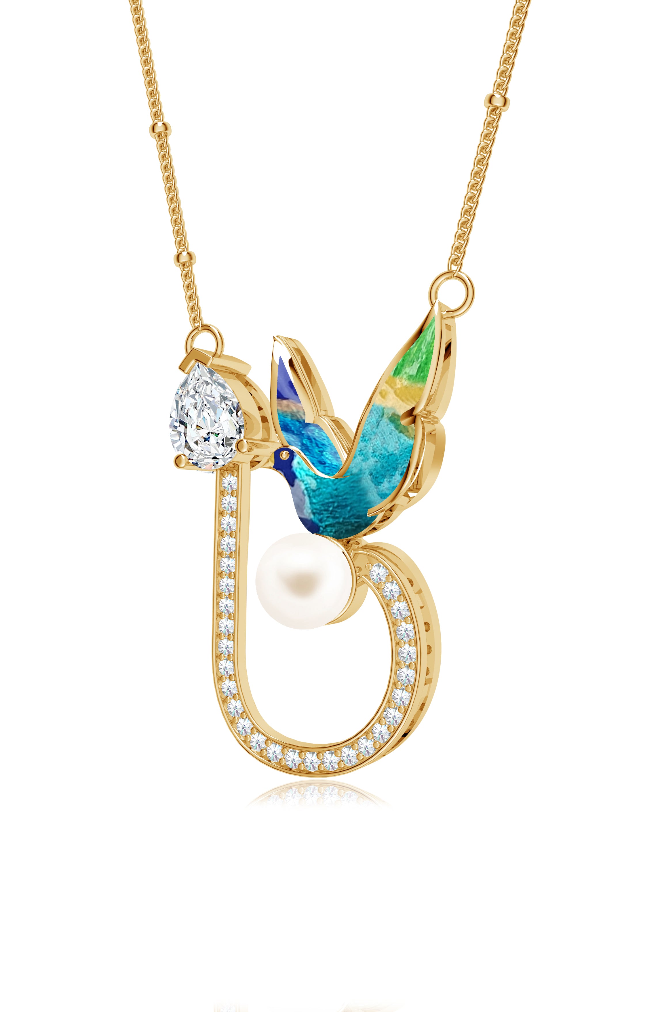 Enamel Bird on Pearl Sterling Silver Pendant