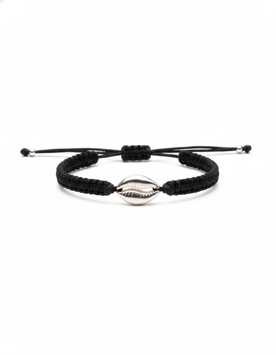 925 Sterling Silver Turtle & Cowrie Shell Black Braided Adjustable Bracelet for Men & Women