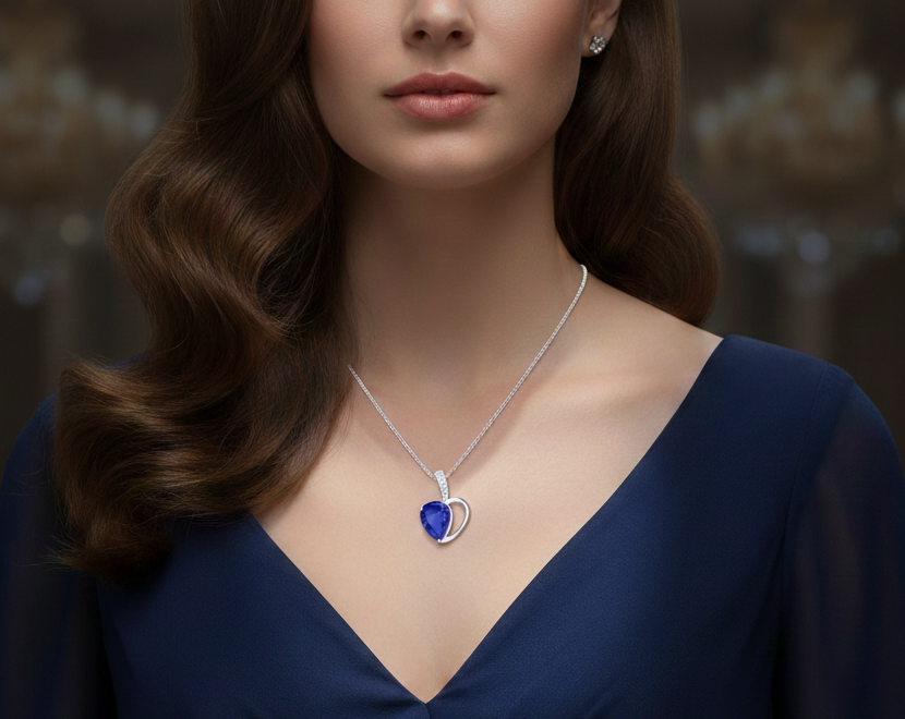 Heart Iolite and Moissanite 925 Sterling Silver Pendant For Women