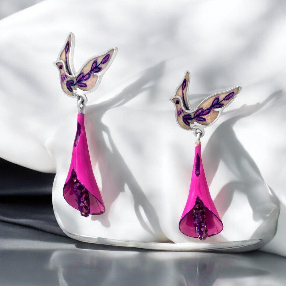 Enamel Bird Earrings in Real Rhodium