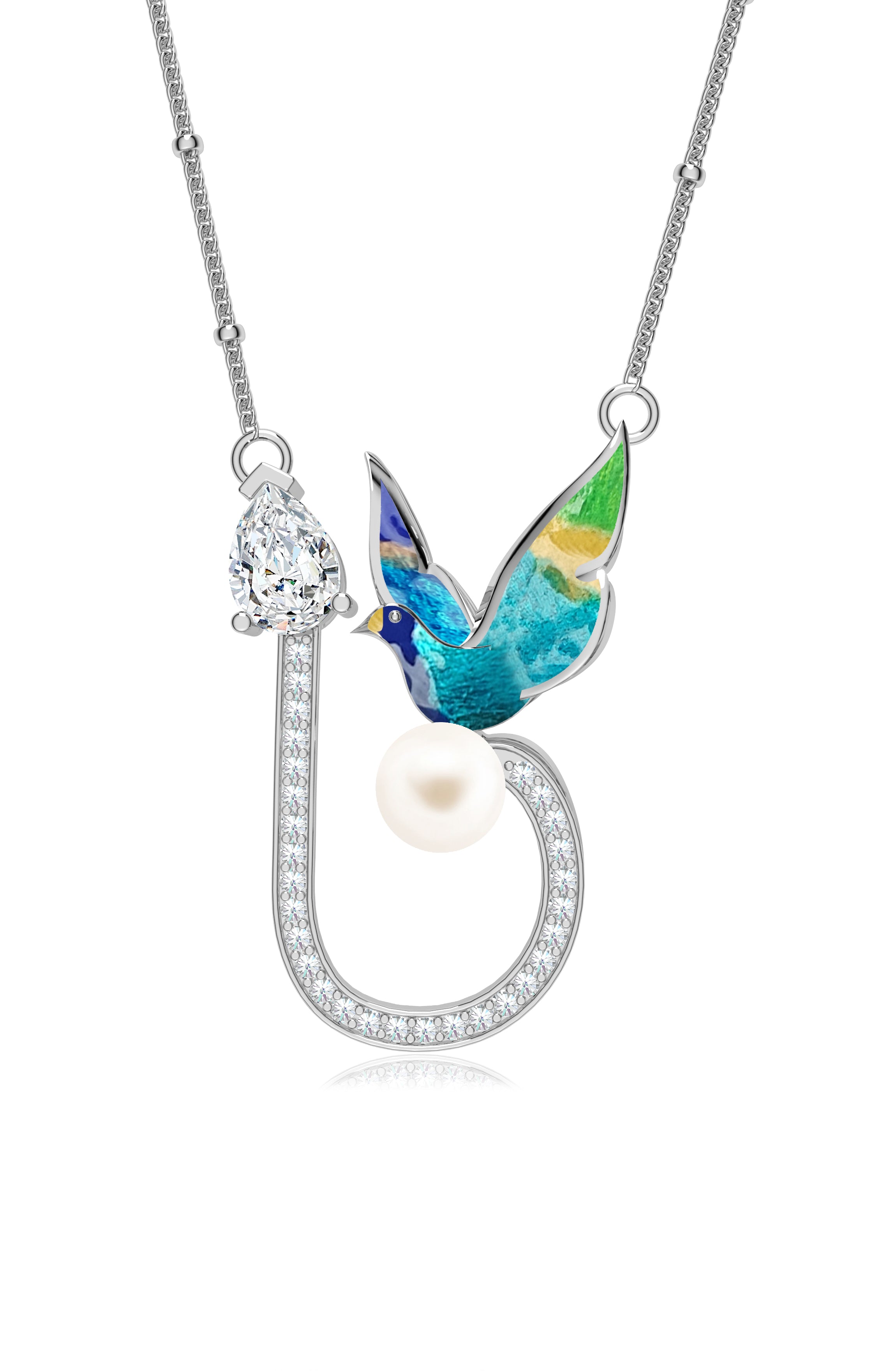 Enamel Bird on Pearl Sterling Silver Pendant