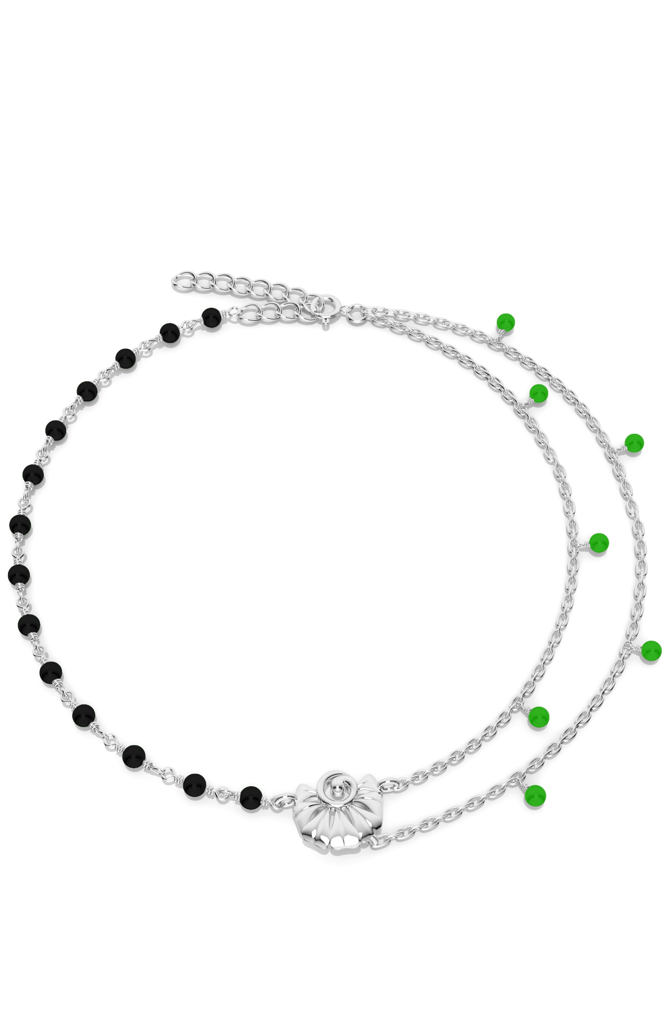Sterling Silver Double-Layer Green Jade & Black Bead Anklet