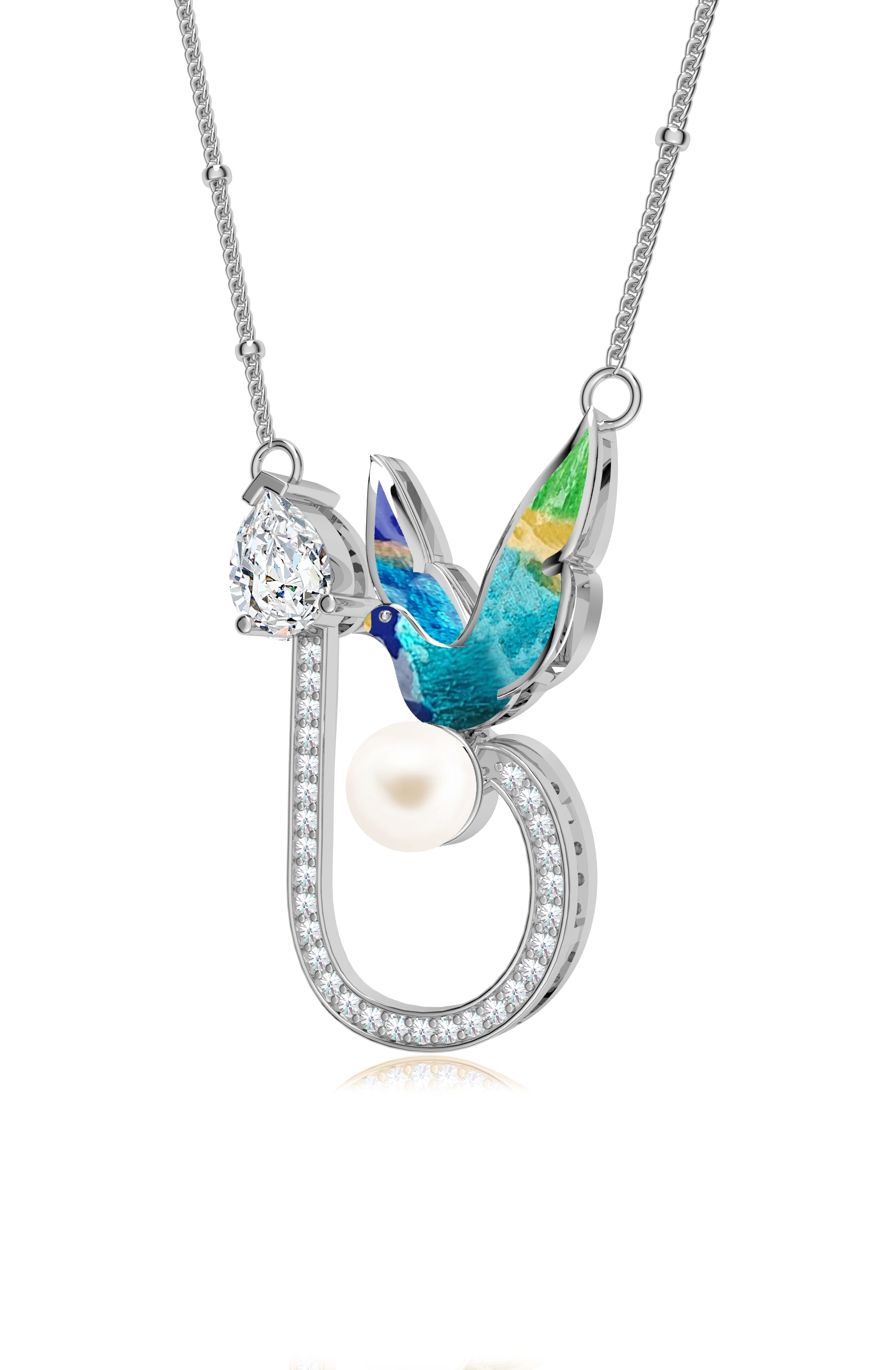 Enamel Bird on Pearl Sterling Silver Pendant