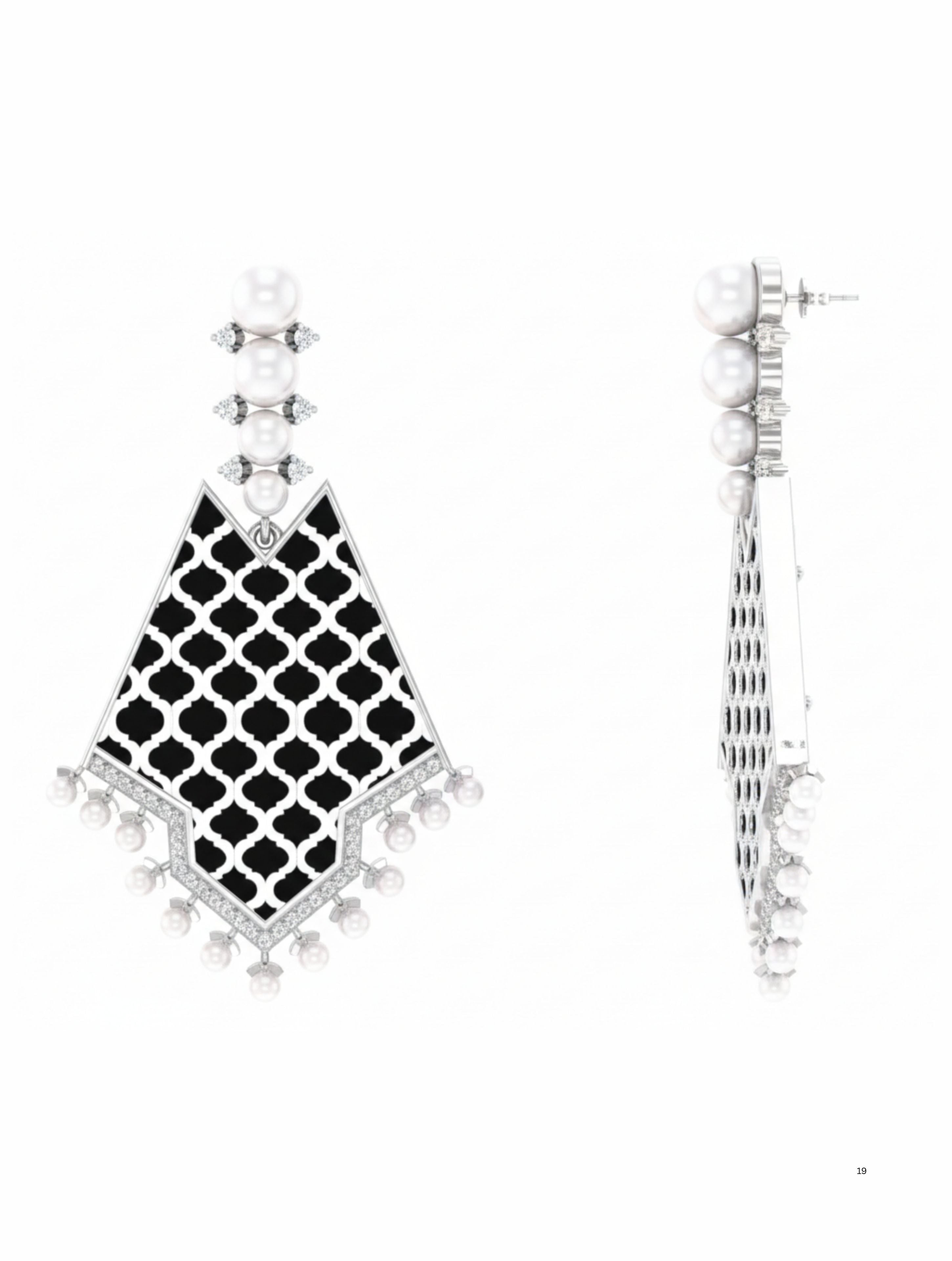 Art Deco-Inspired Geometric Drop Earrings in 925 Sterling Silver with Black Onyx, Moissanite, and Pearls