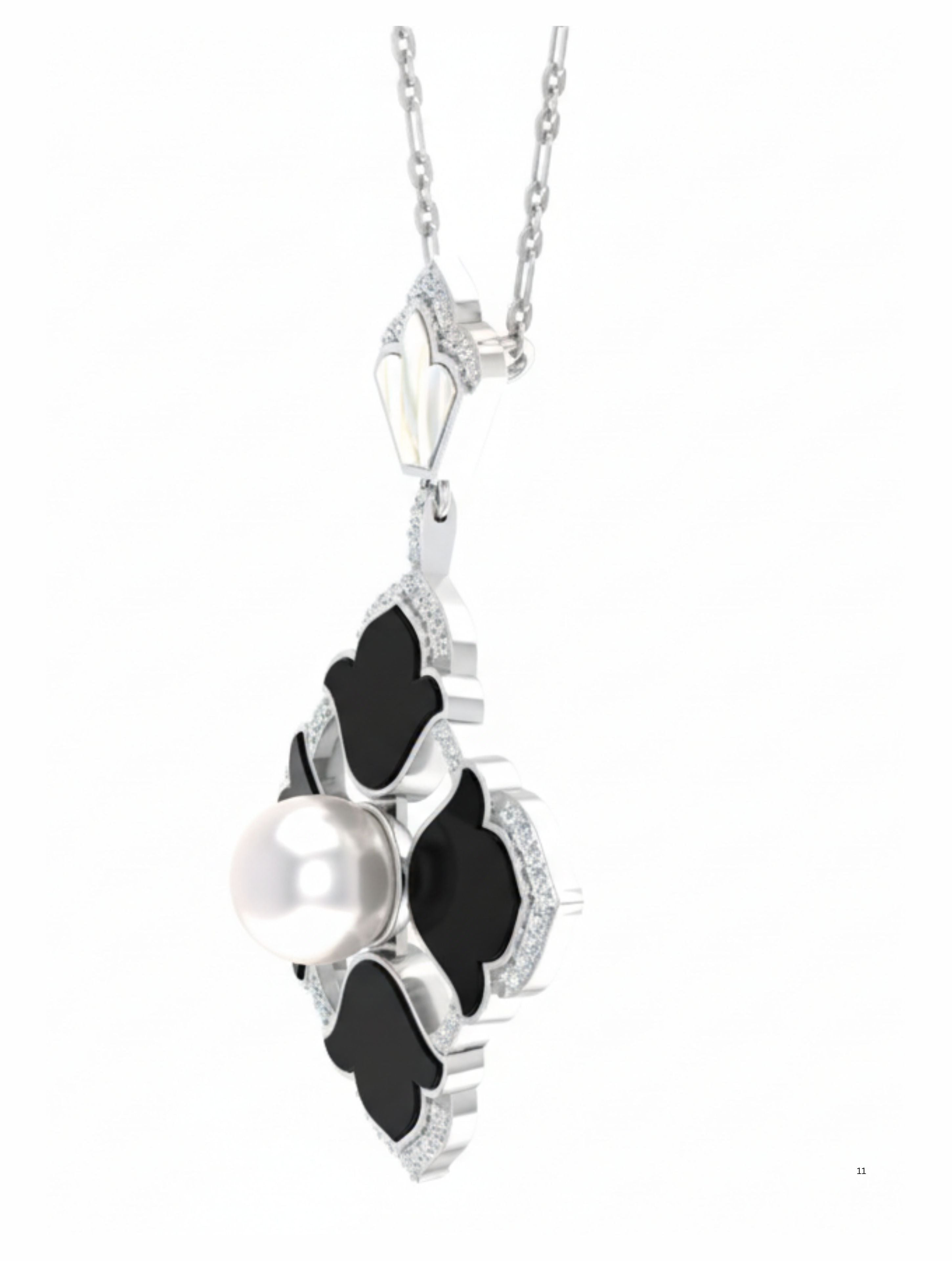 Quatrefoil Pearl & Black Onyx Pendant in 925 Sterling Silver