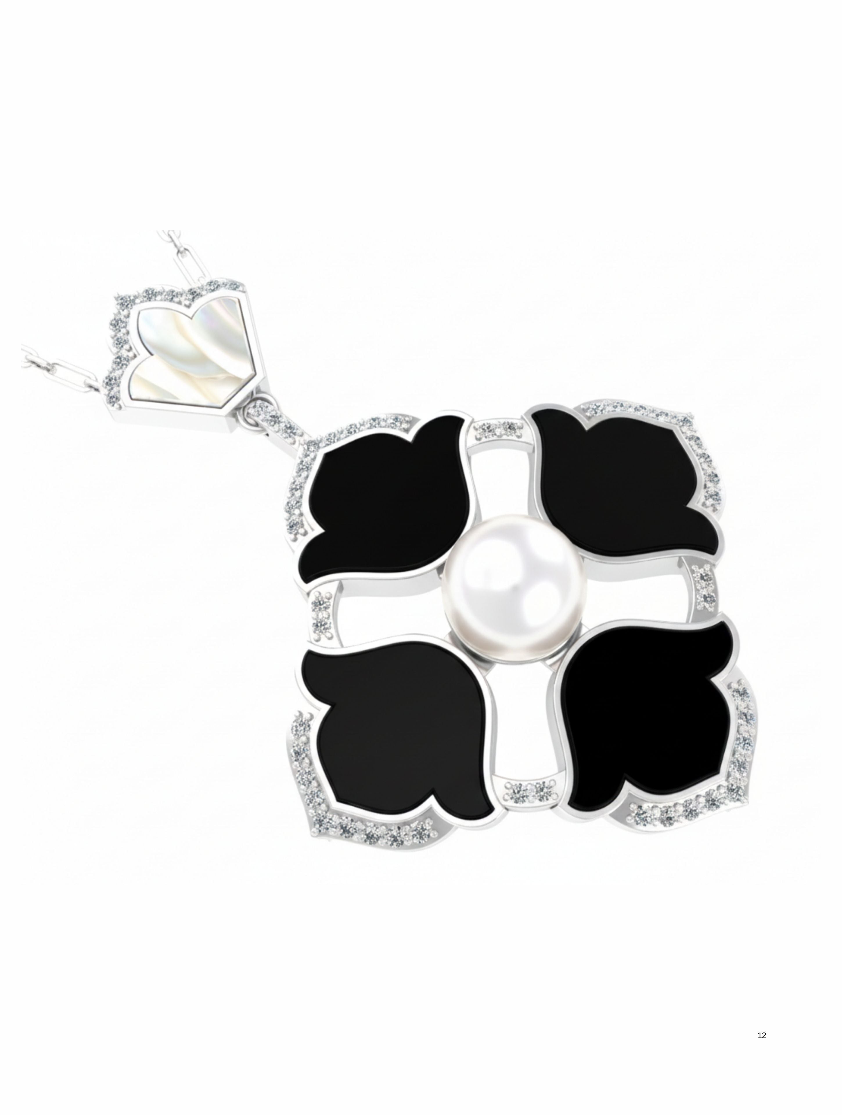 Quatrefoil Pearl & Black Onyx Pendant in 925 Sterling Silver