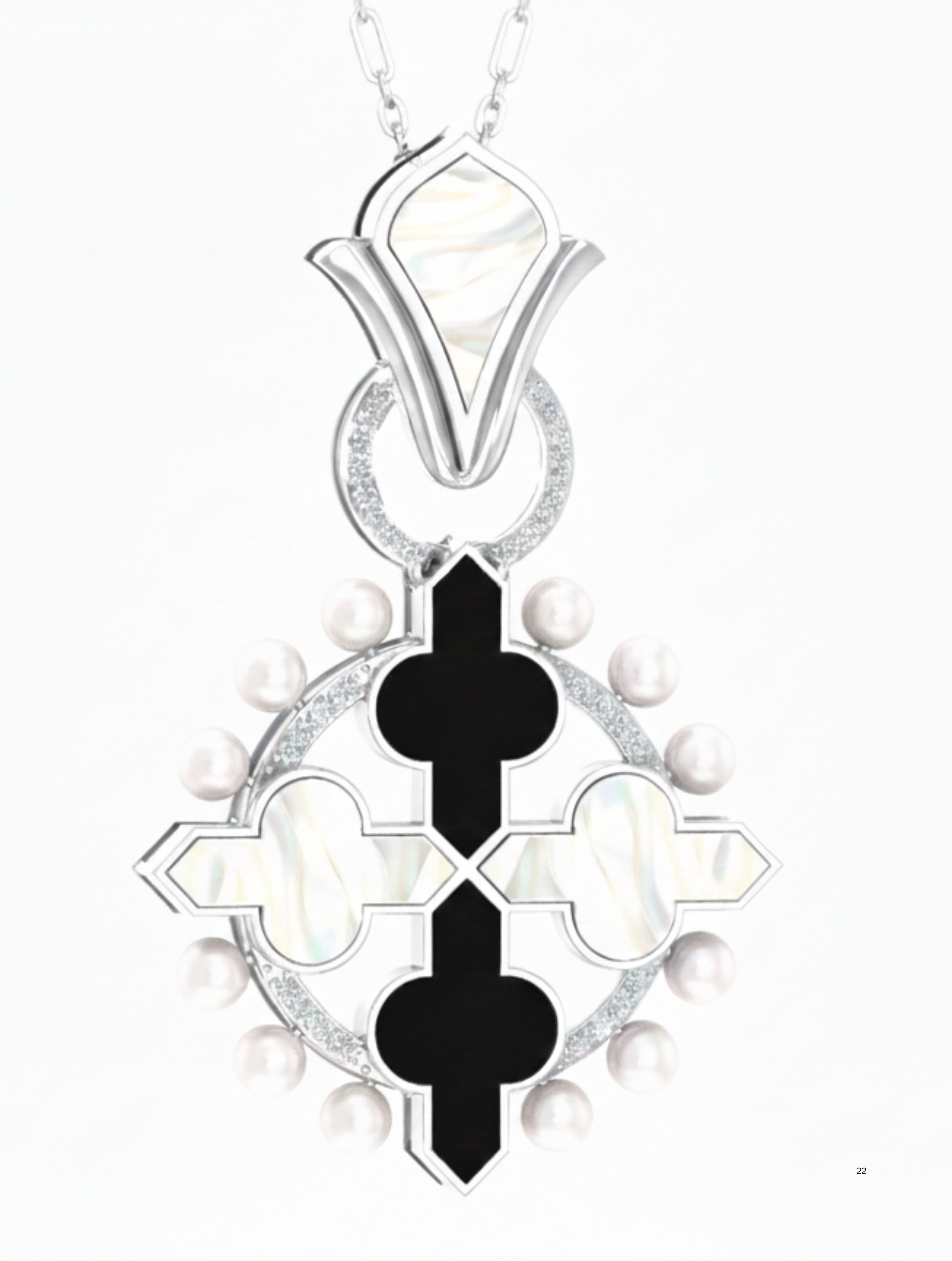 Empress Cross Pendant in 925 Sterling Silver with MOP, Onyx, and Pearls