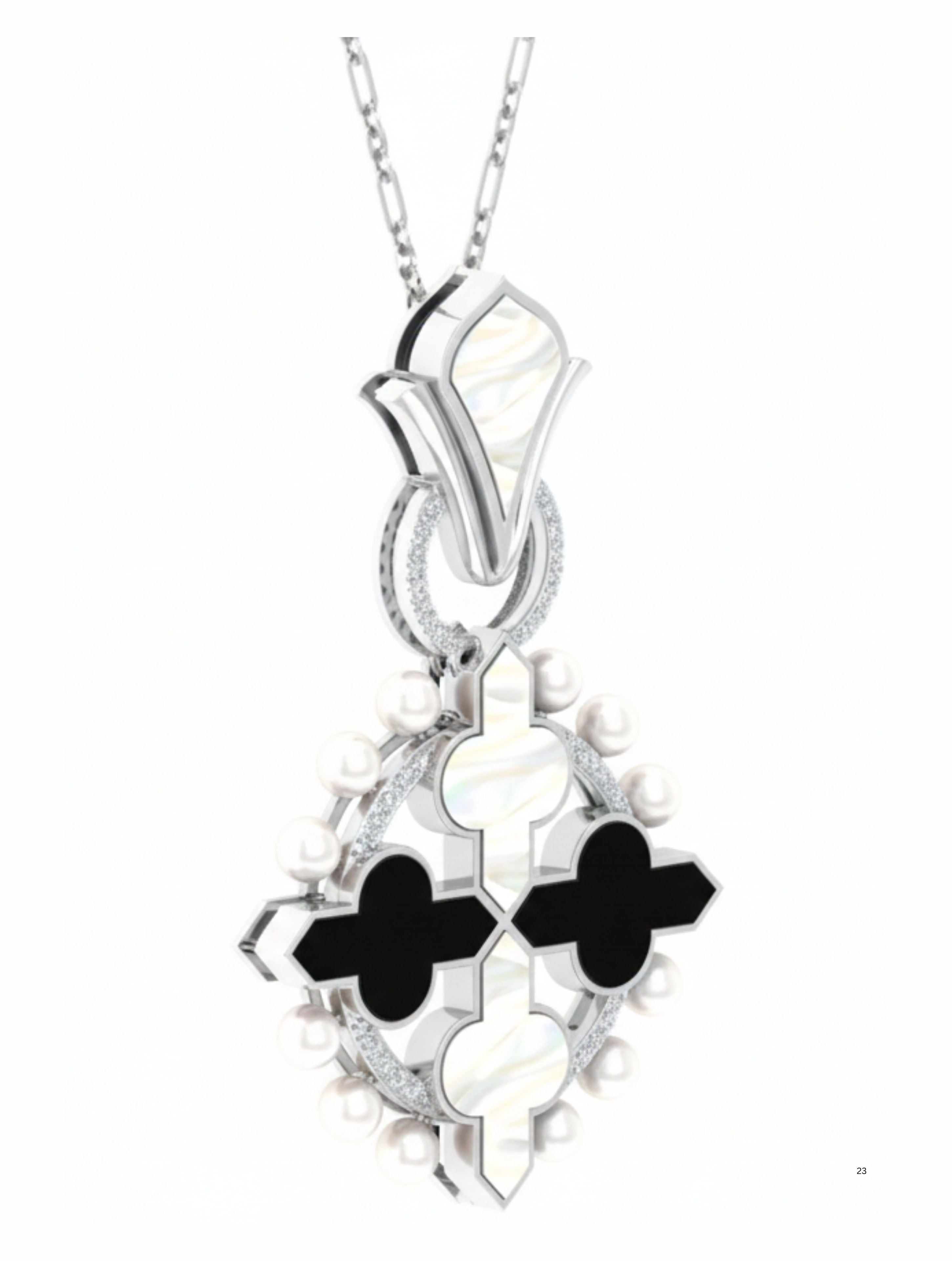 Empress Cross Pendant in 925 Sterling Silver with MOP, Onyx, and Pearls