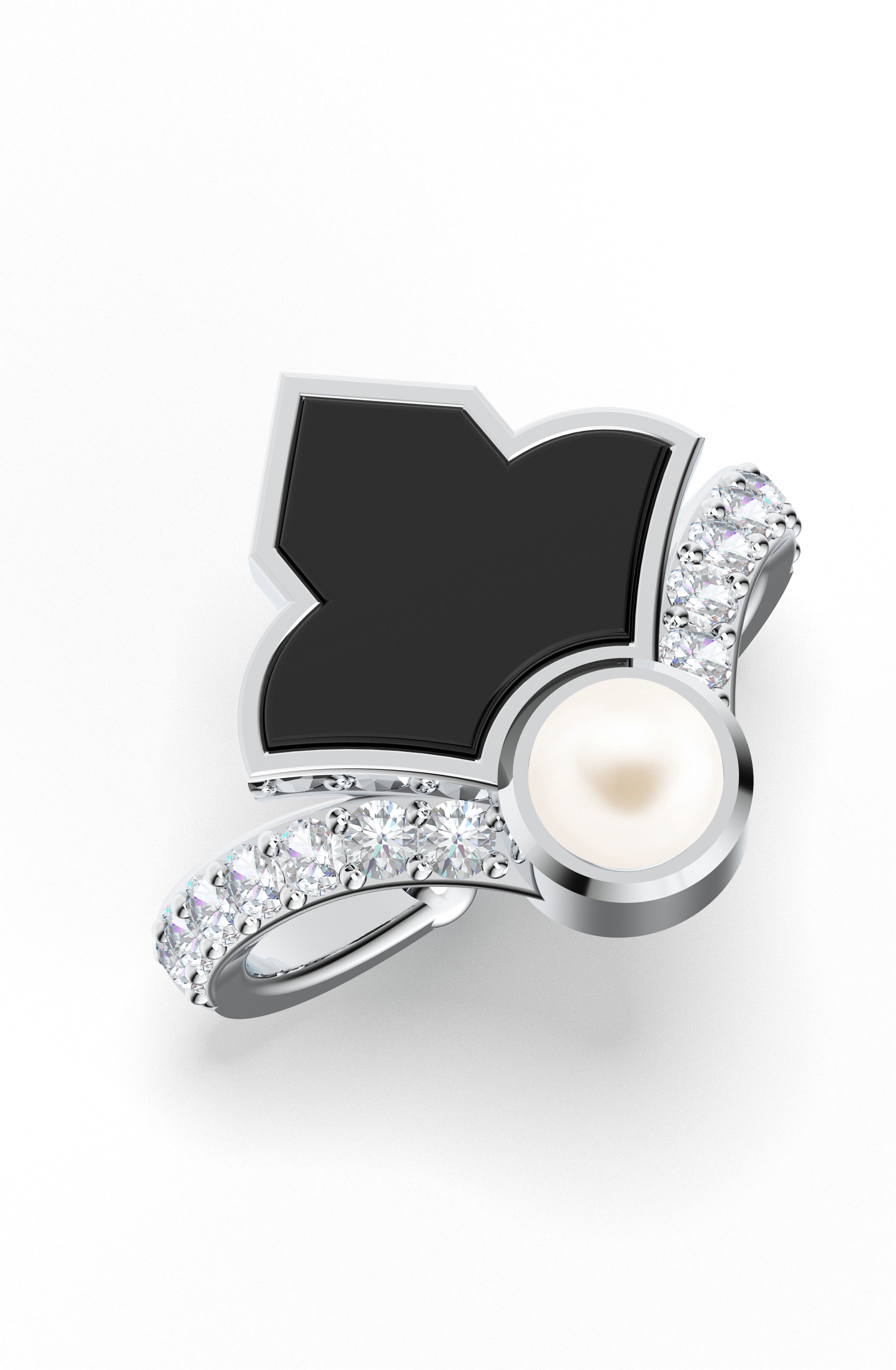 Art Deco- Black Onyx & Moissanite Pearl Ring in 925 Sterling Silver