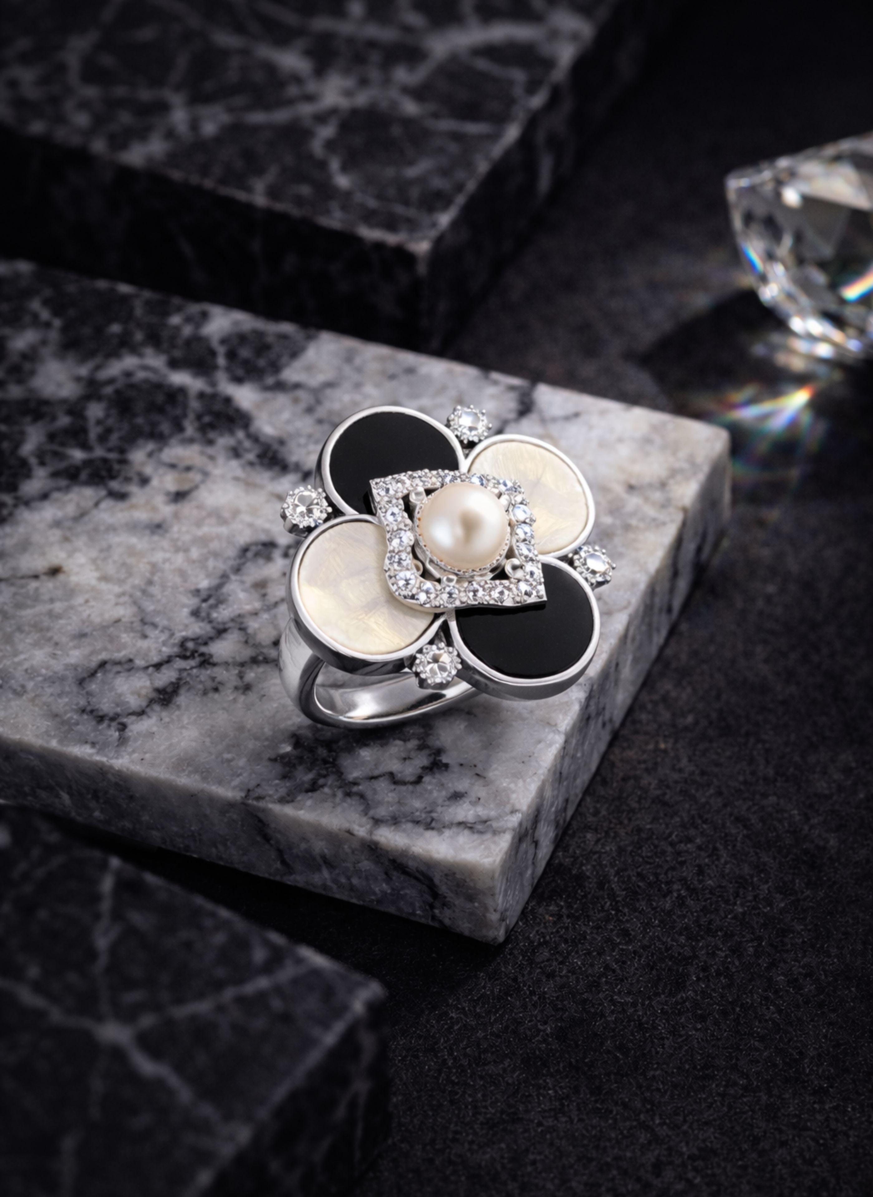 Adjustable 925 Sterling Silver Ring with Moissanite, Pearl, Onyx, and MOP