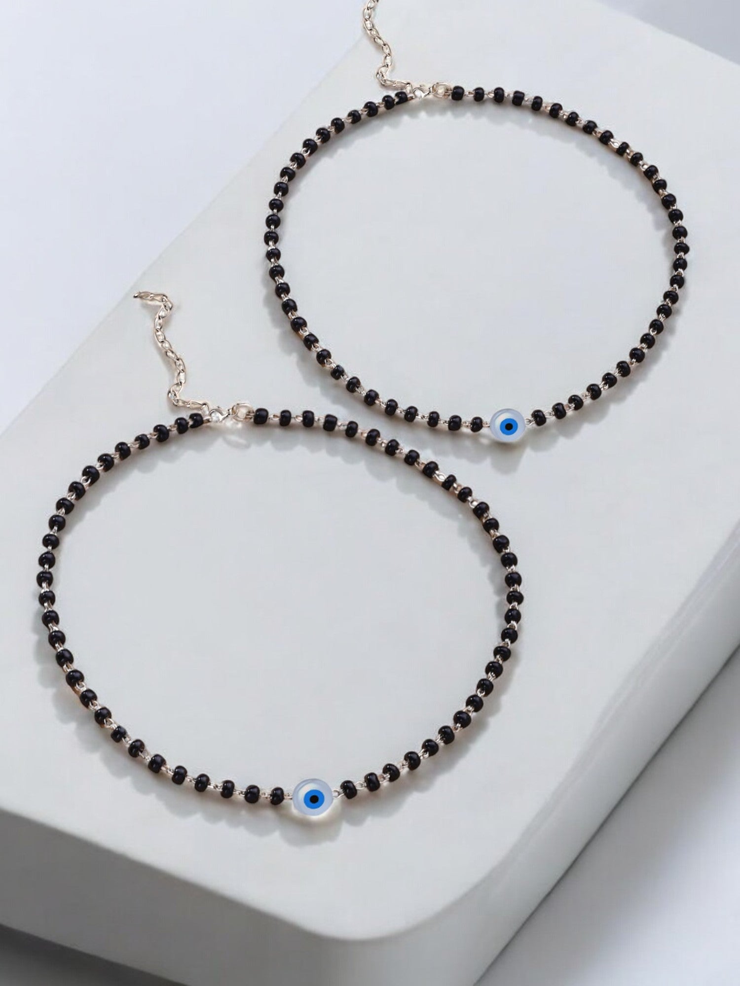 925 Sterling Silver Evil Eye Black Beads Anklet Pair