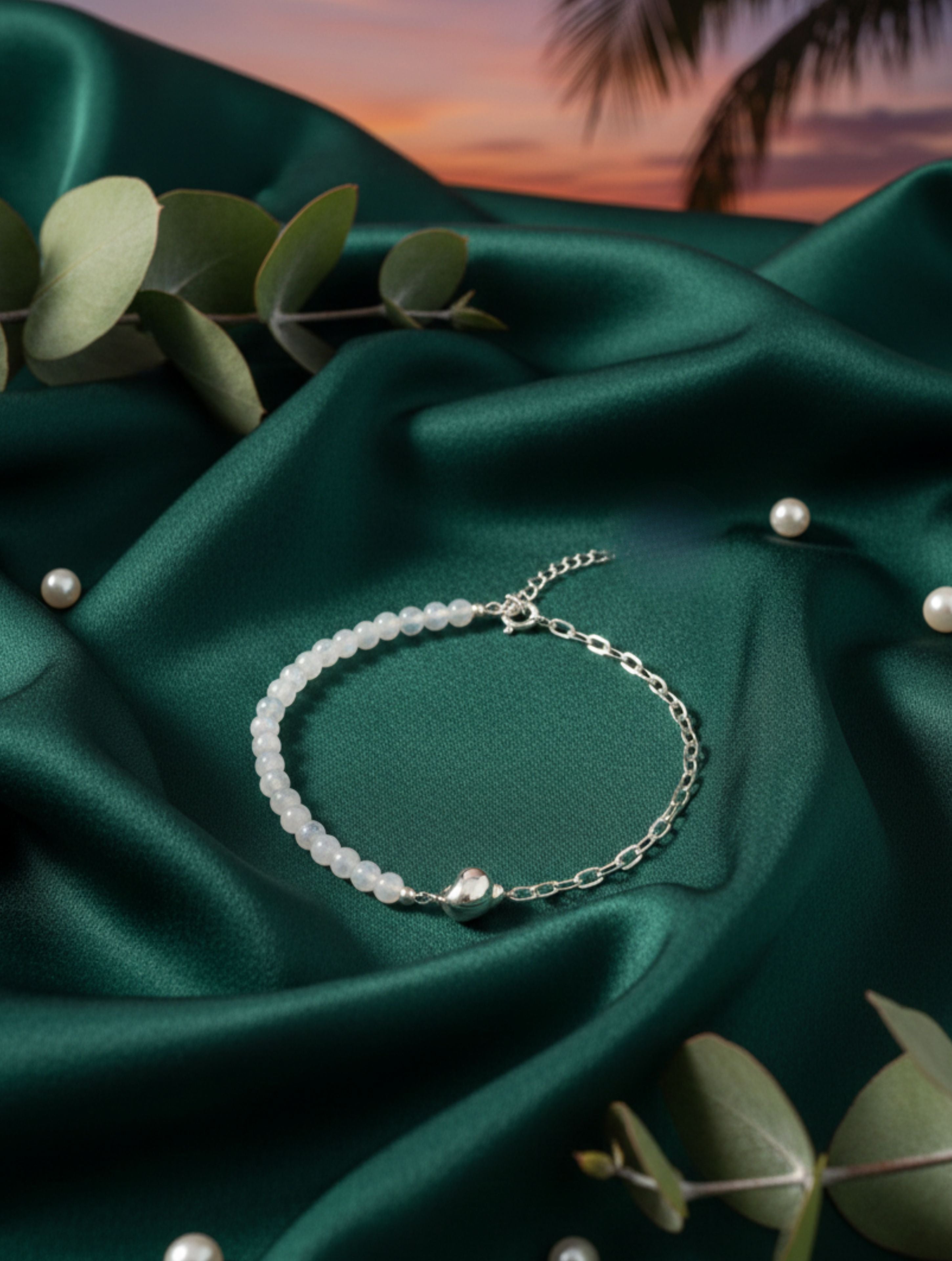 925 Sterling Silver Moonstone Heart Anklet | Duo-Chain Design