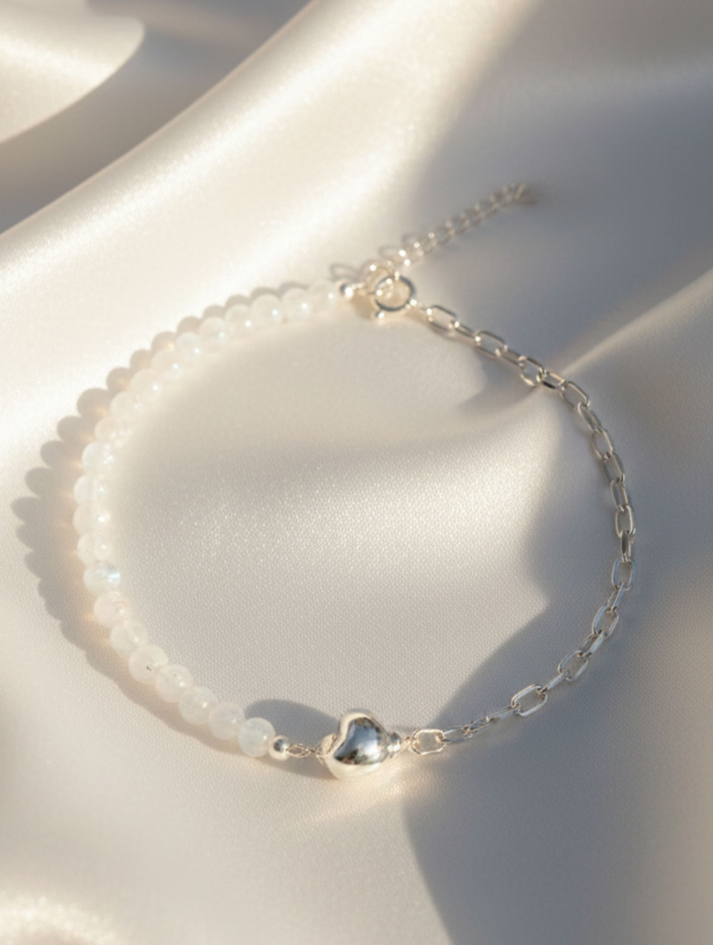 925 Sterling Silver Moonstone Heart Anklet | Duo-Chain Design