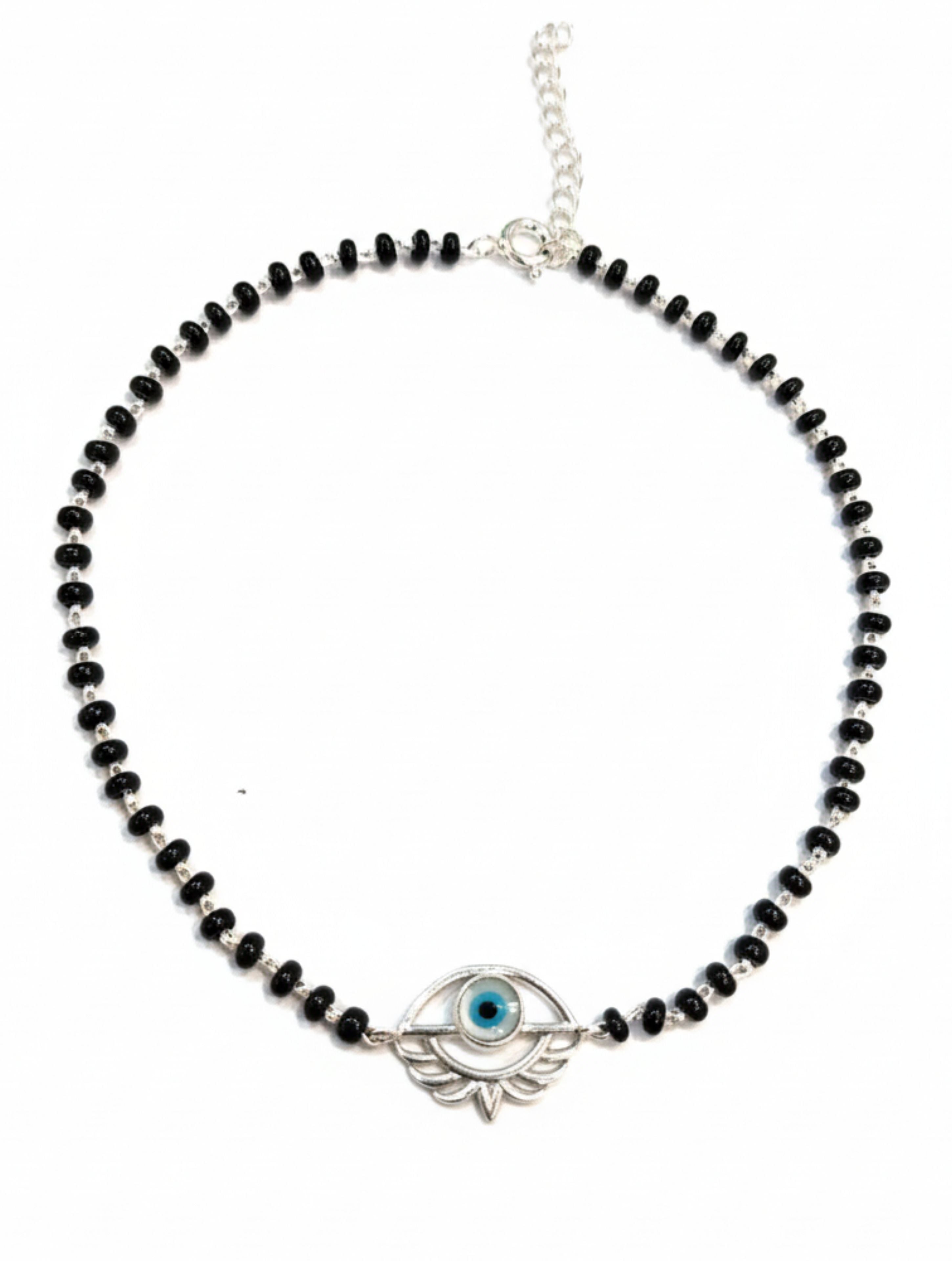925 Sterling Silver Evil Eye Protective Anklet – Handcrafted Black Bead