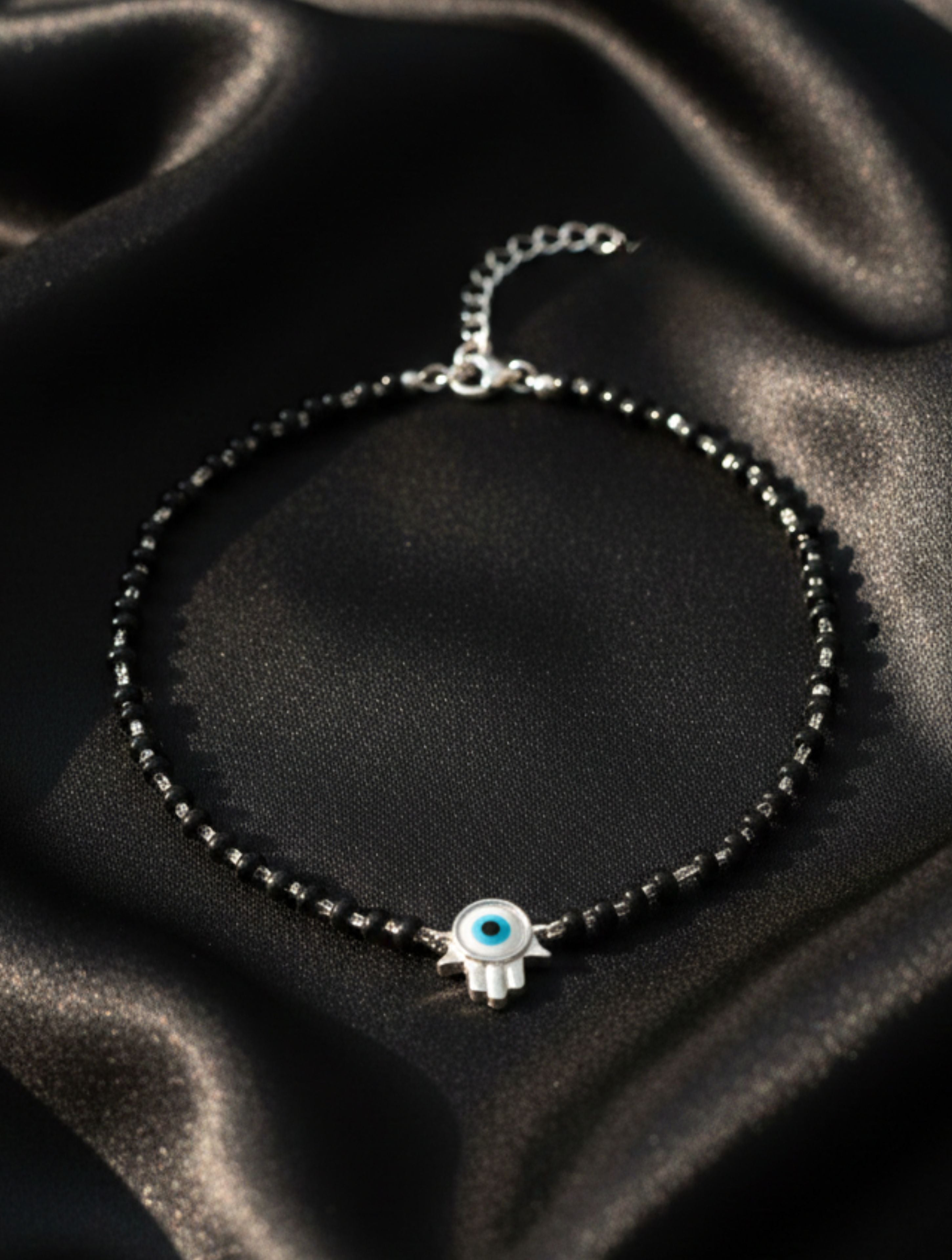 925 Sterling Silver Evil Eye & Black Onyx Hamsa Anklet