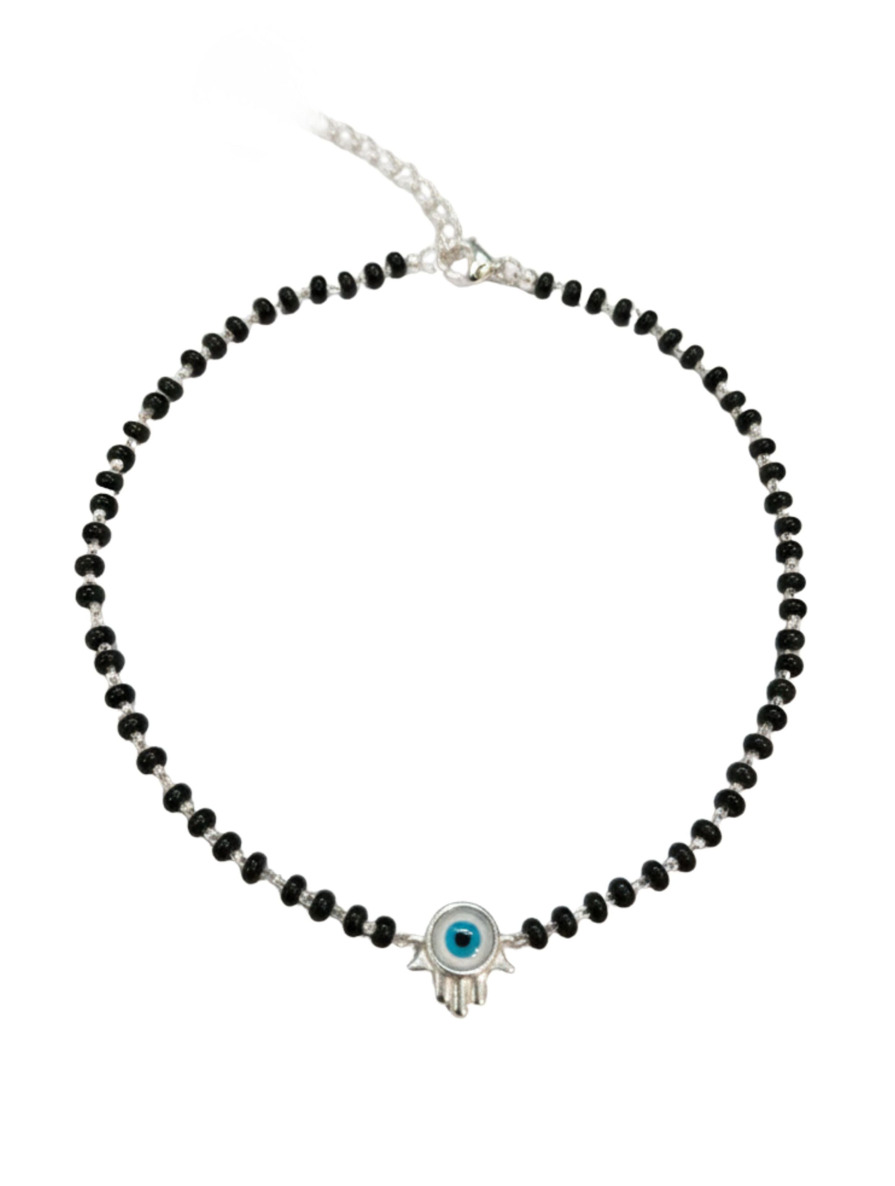 925 Sterling Silver Evil Eye & Black Onyx Hamsa Anklet