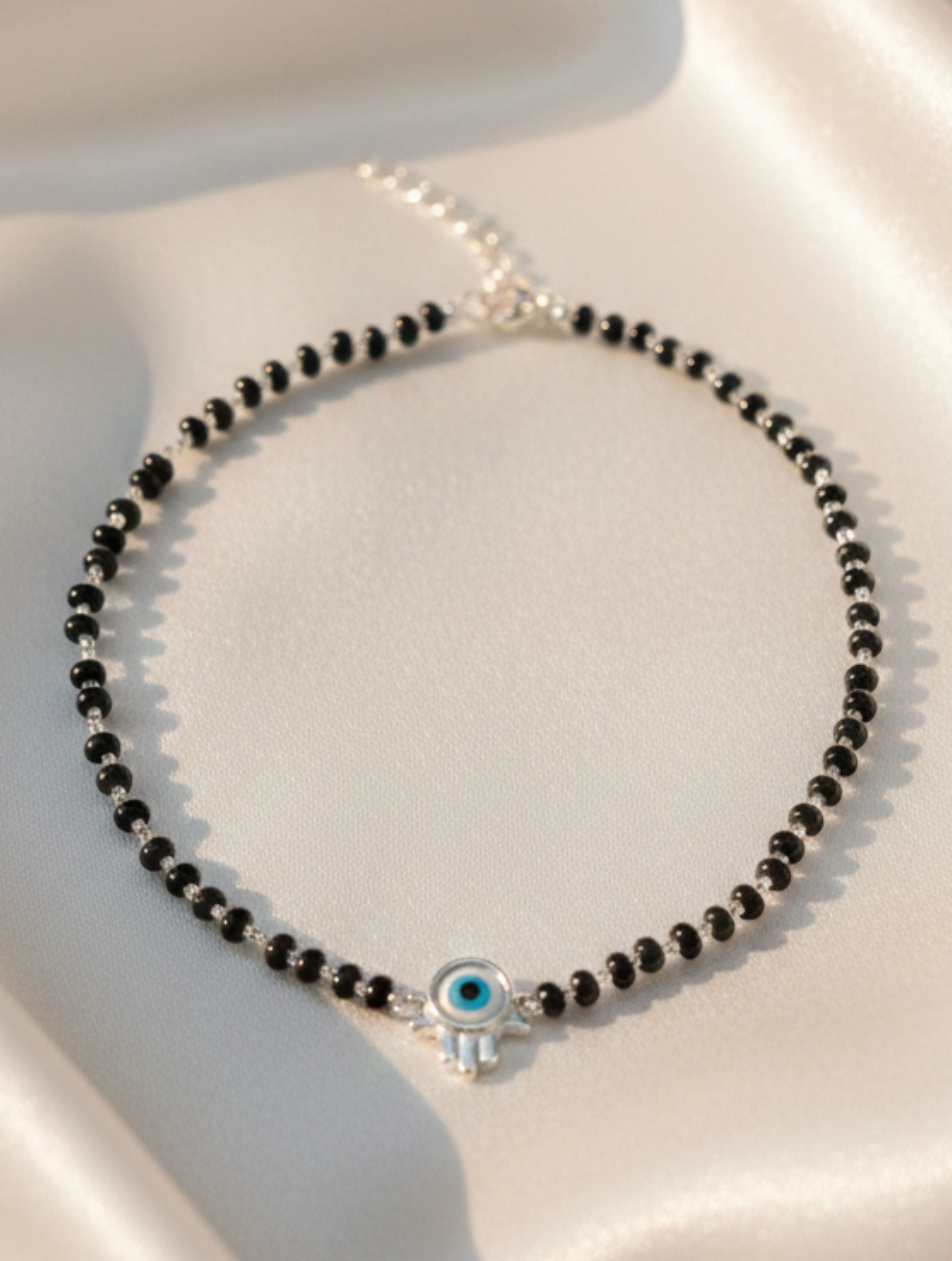 925 Sterling Silver Evil Eye & Black Onyx Hamsa Anklet
